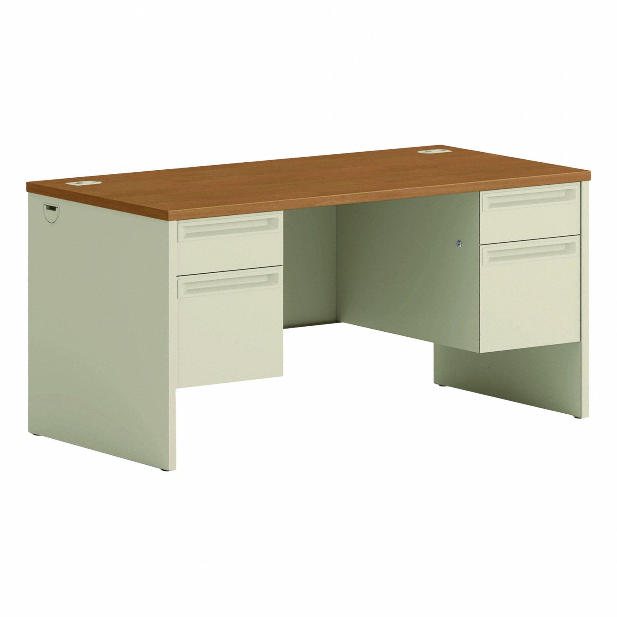 Desk: Laminate, Harvest/Putty, 2 Pedestals, 4 Drawers, 60 in Overall Wd, 29 1/2 in Overall Ht
