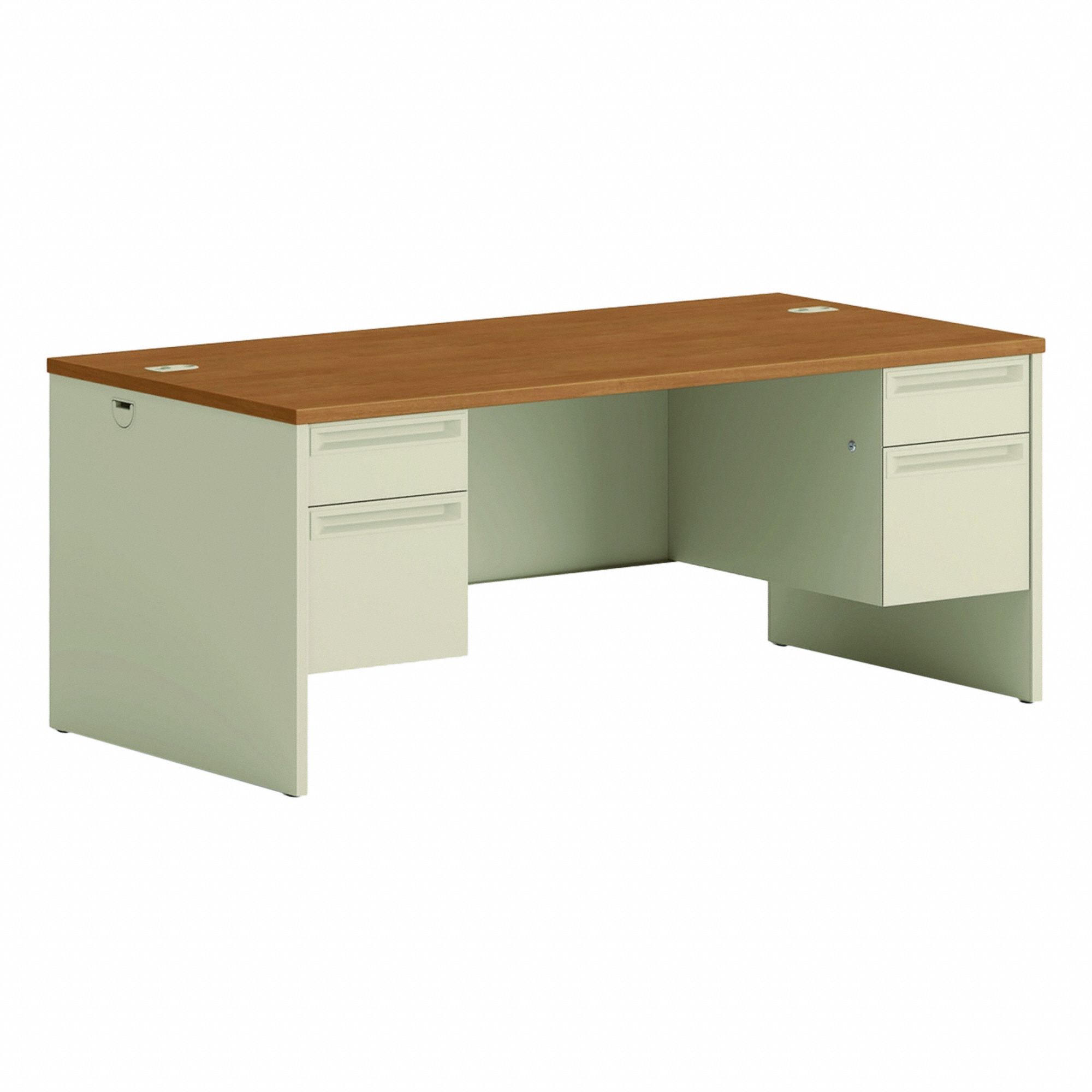 Desk: Laminate, Harvest/Putty, 2 Pedestals, 4 Drawers, 72 in Overall Wd, 29 1/2 in Overall Ht
