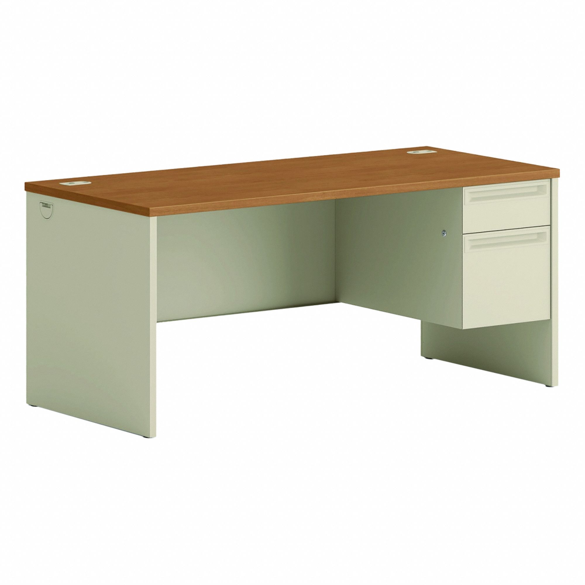 Desk: Laminate, Harvest/Putty, 1 Pedestals, 2 Drawers, 66 in Overall Wd, 29 1/2 in Overall Ht