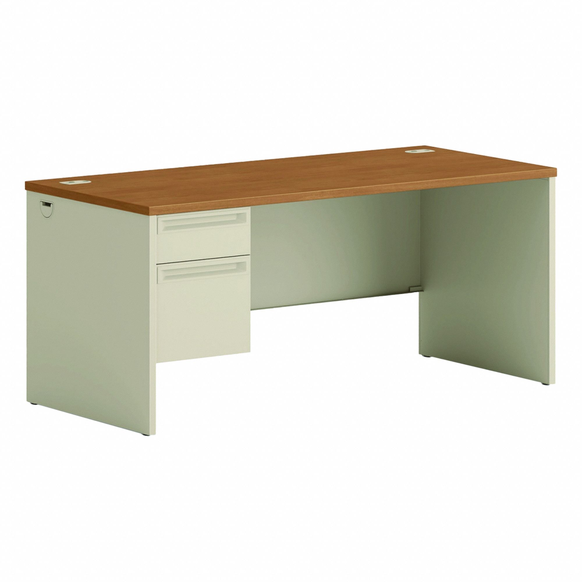 Desk: Laminate, Harvest/Putty, 1 Pedestals, 2 Drawers, 66 in Overall Wd, 29 1/2 in Overall Ht