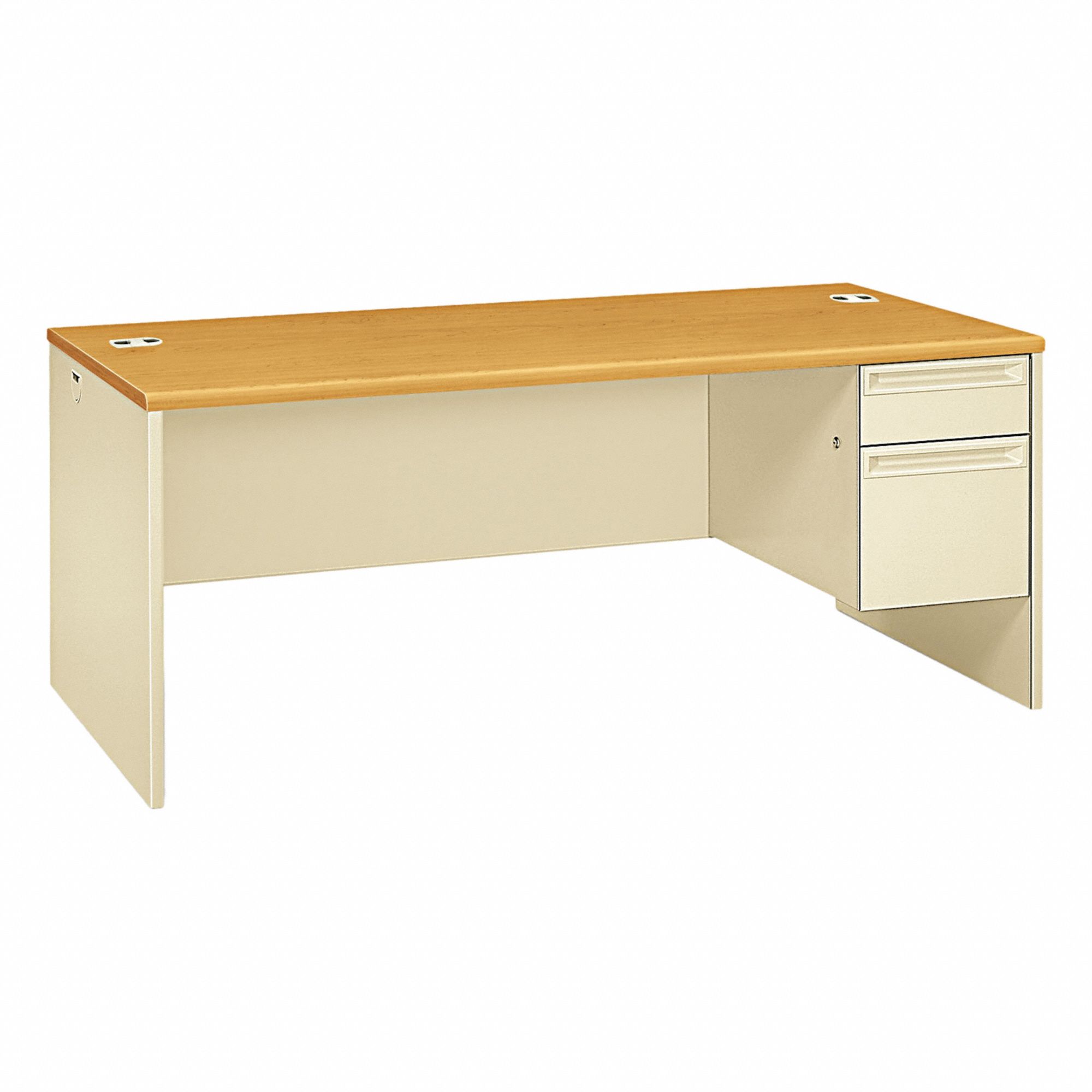 Desk: Laminate, Harvest/Putty, 1 Pedestals, 2 Drawers, 72 in Overall Wd, 29 1/2 in Overall Ht