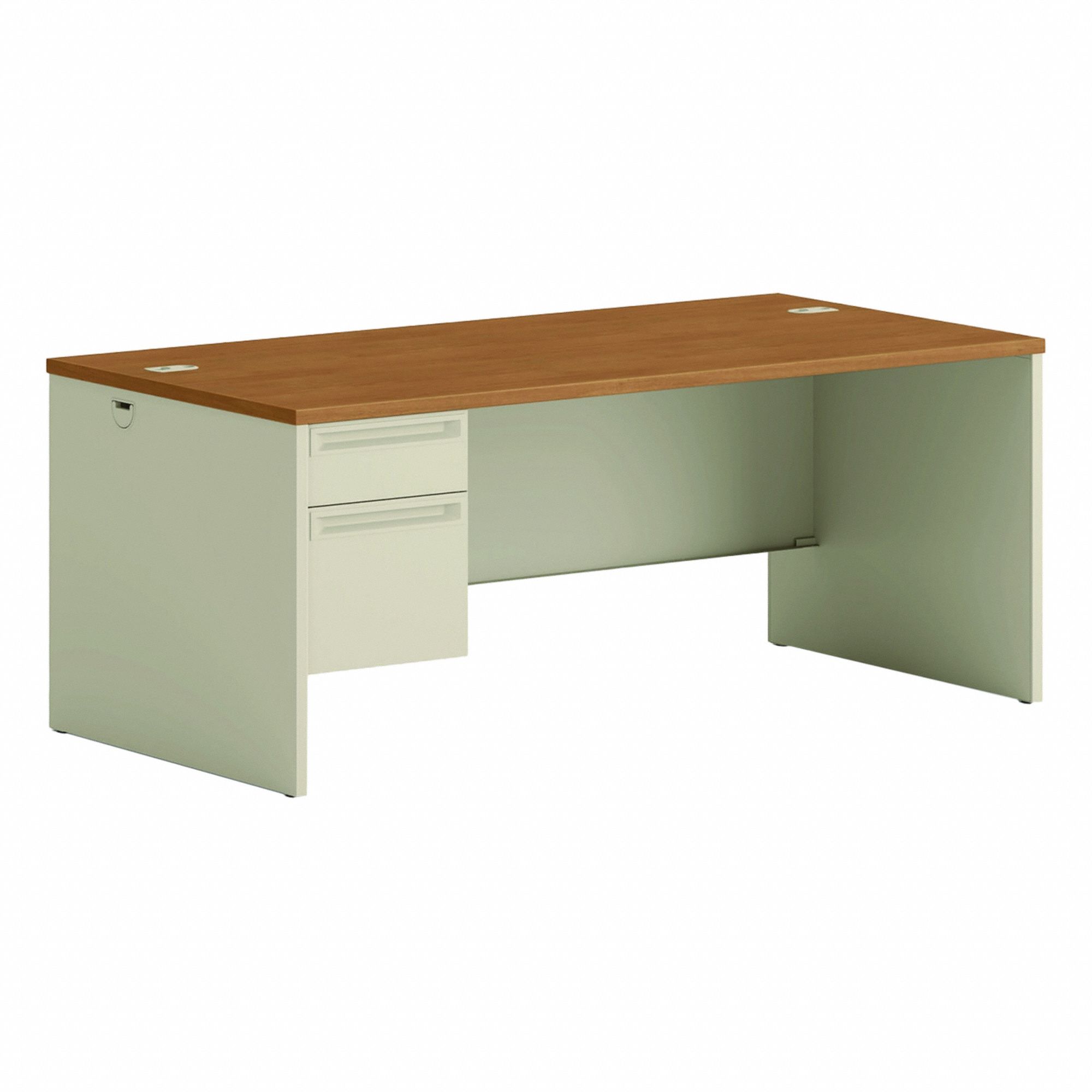 Desk: Laminate, Harvest/Putty, 1 Pedestals, 2 Drawers, 72 in Overall Wd, 29 1/2 in Overall Ht