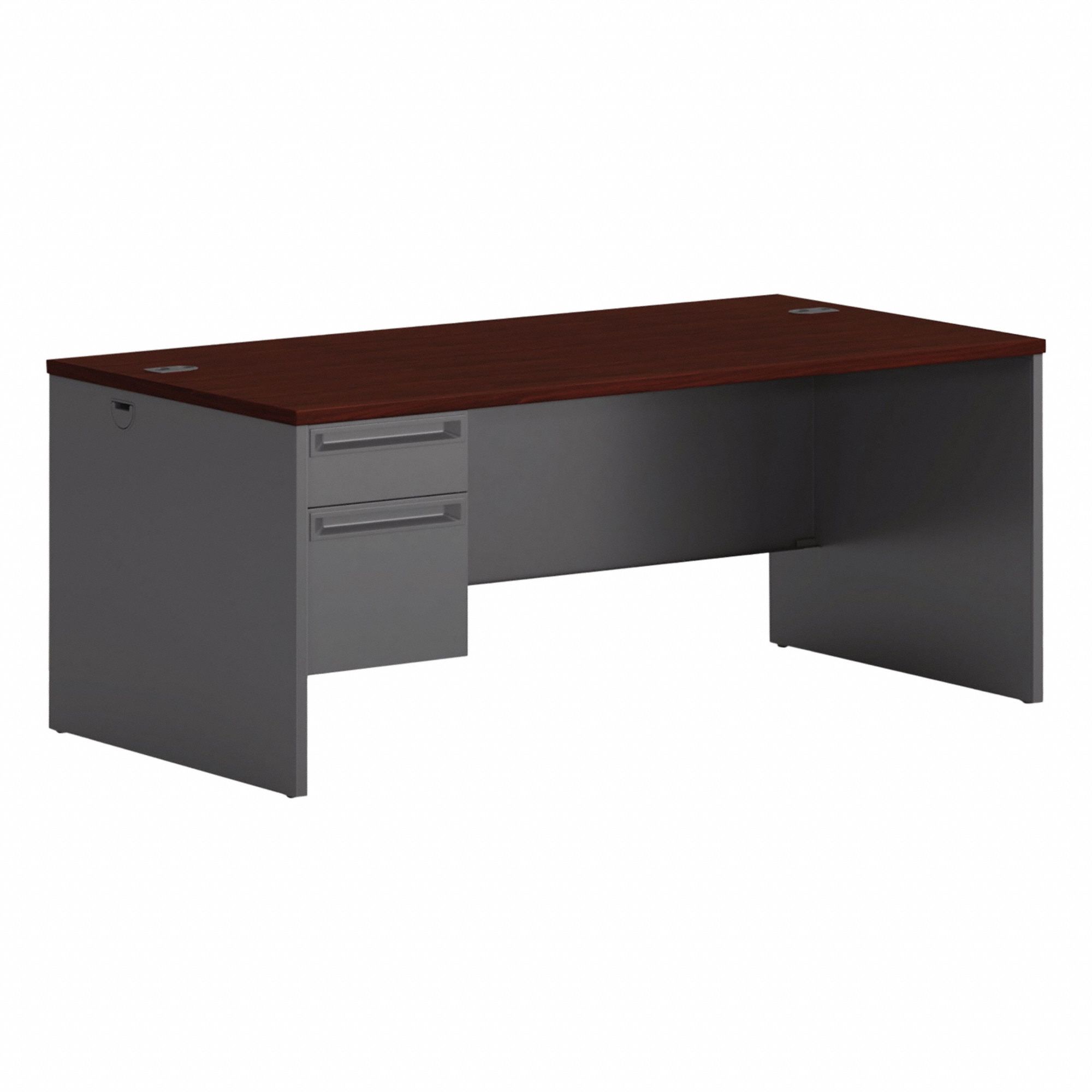 Desk: Laminate, Charcoal/Mahogany, 1 Pedestals, 2 Drawers, 72 in Overall Wd, 36 in Overall Dp