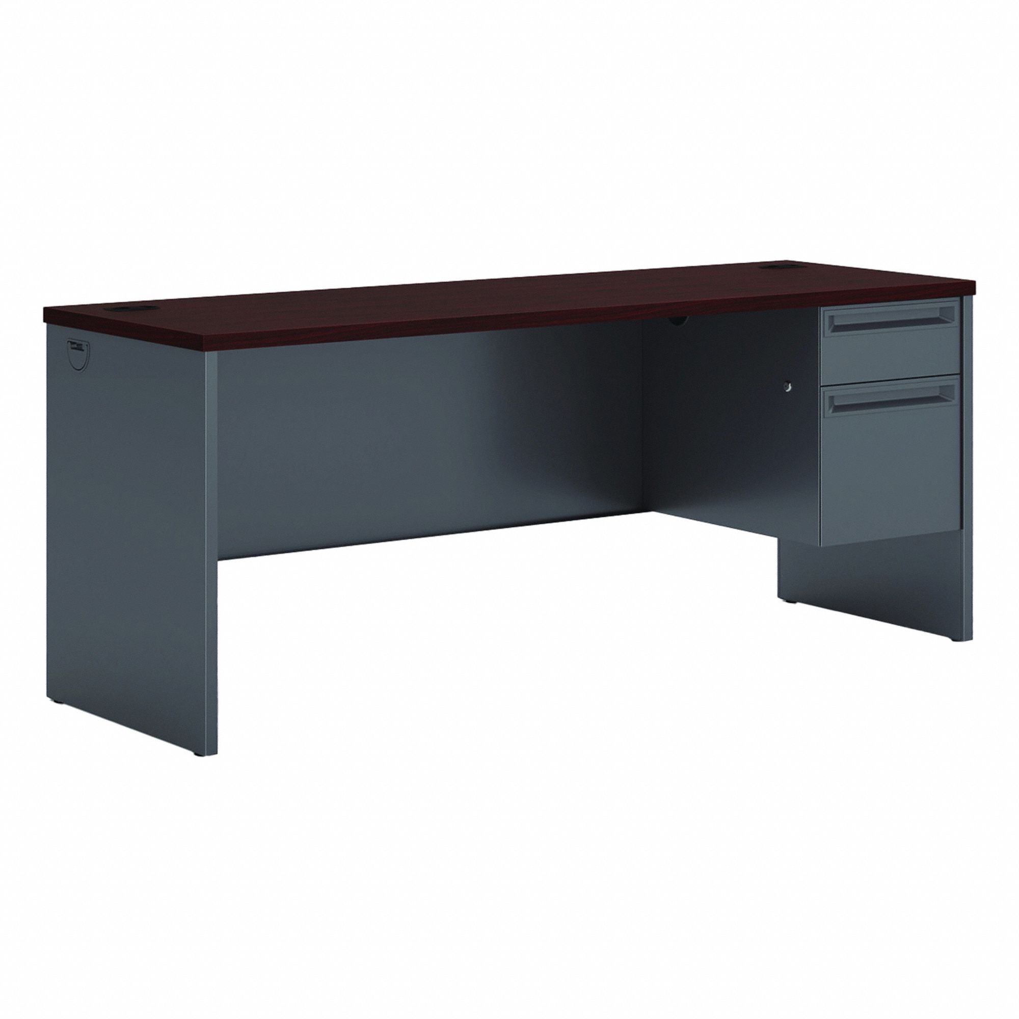 Credenza: Laminate, Charcoal/Mahogany, 1 Pedestals, 2 Drawers, 72 in Overall Wd, Right Main