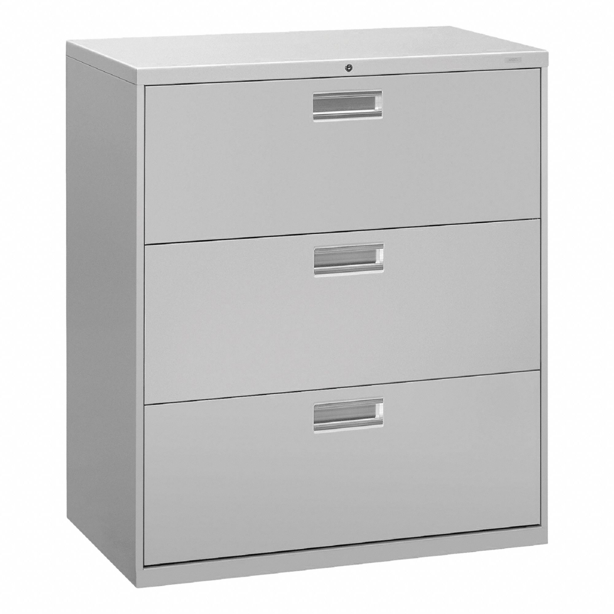 Lateral File Cabinet with Drawer: Light Gray, 3 Drawers, 39 1/8 in Overall Ht, 18 in Overall Dp