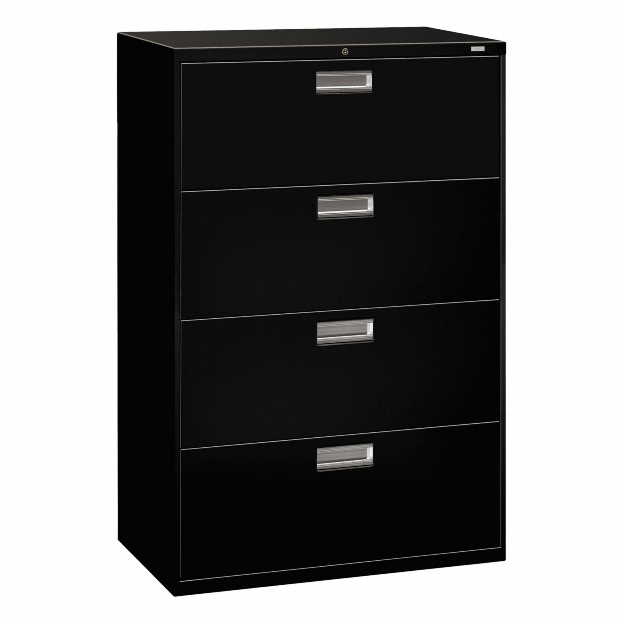 Lateral File Cabinet with Drawer: Black, 4 Drawers, 52 1/2 in Overall Ht, 18 in Overall Dp