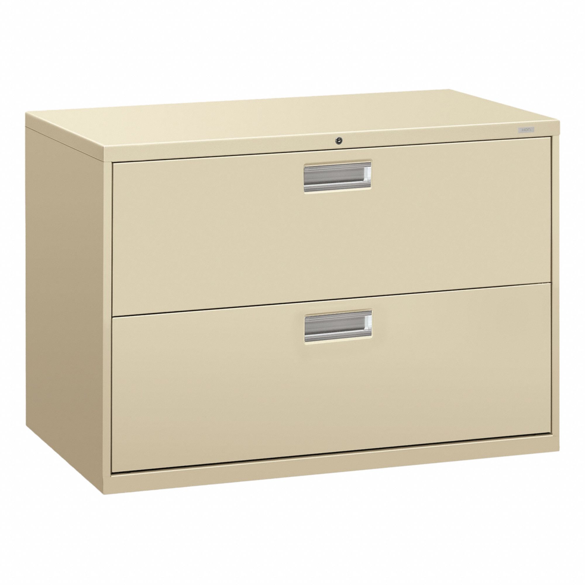 Lateral File Cabinet with Drawer: Putty, 2 Drawers, 28 in Overall Ht, 18 in Overall Dp, Steel