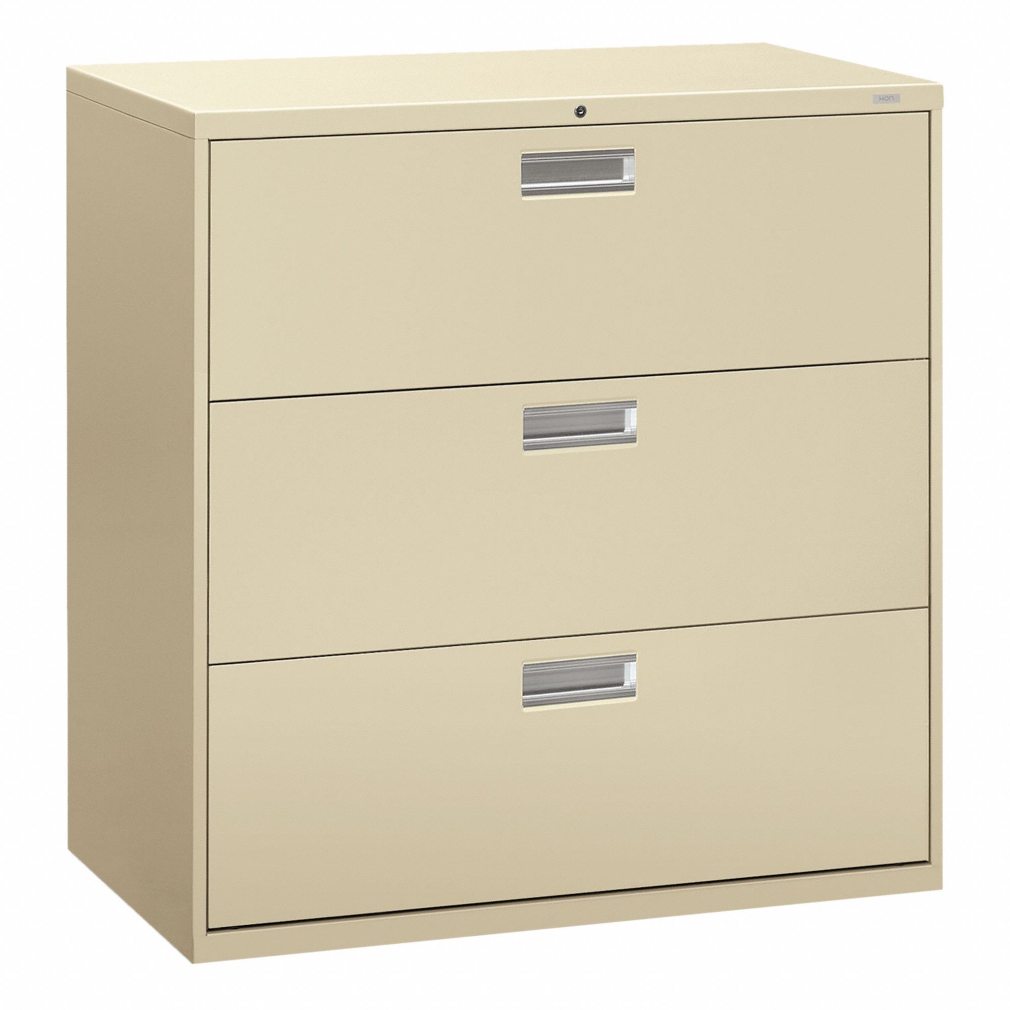 Lateral File Cabinet with Drawer: Putty, 3 Drawers, 39 1/8 in Overall Ht, 18 in Overall Dp