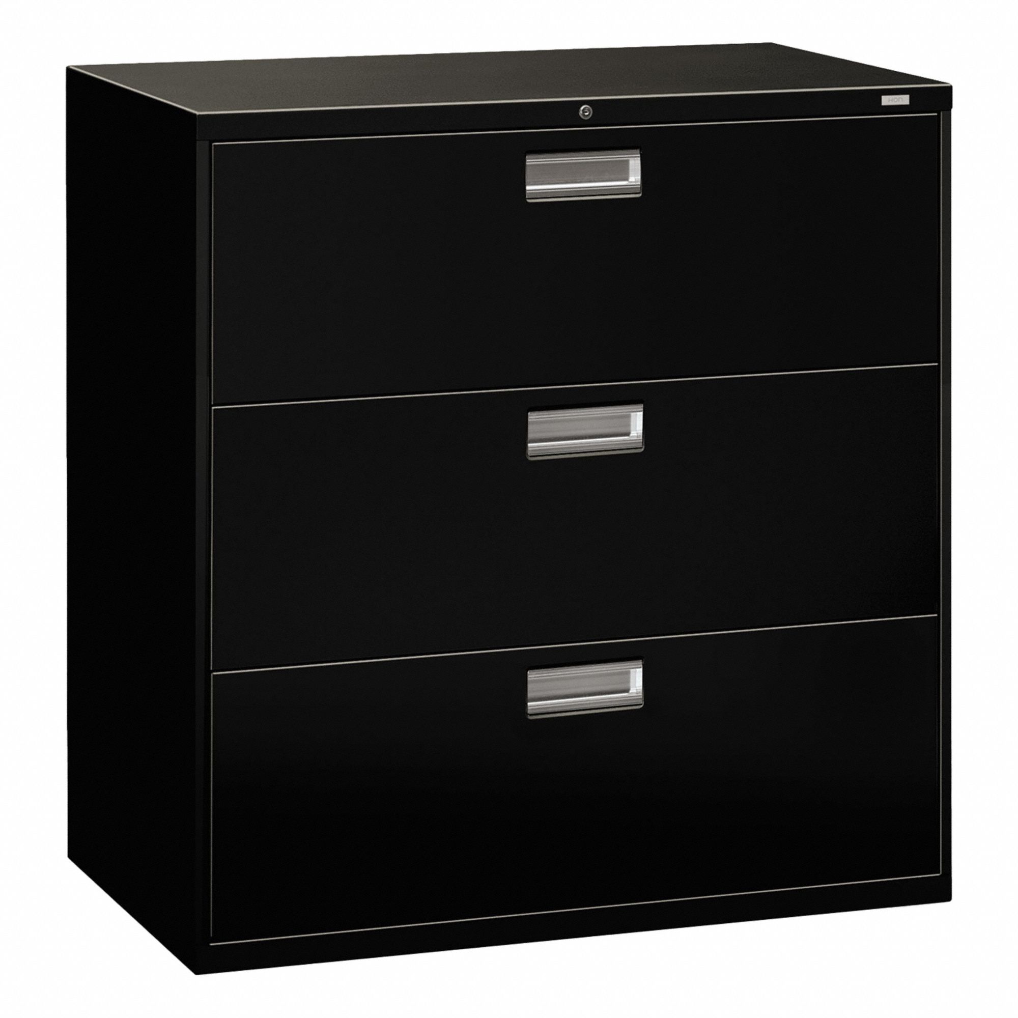 Lateral File Cabinet with Drawer: Black, 3 Drawers, 39 1/8 in Overall Ht, 18 in Overall Dp