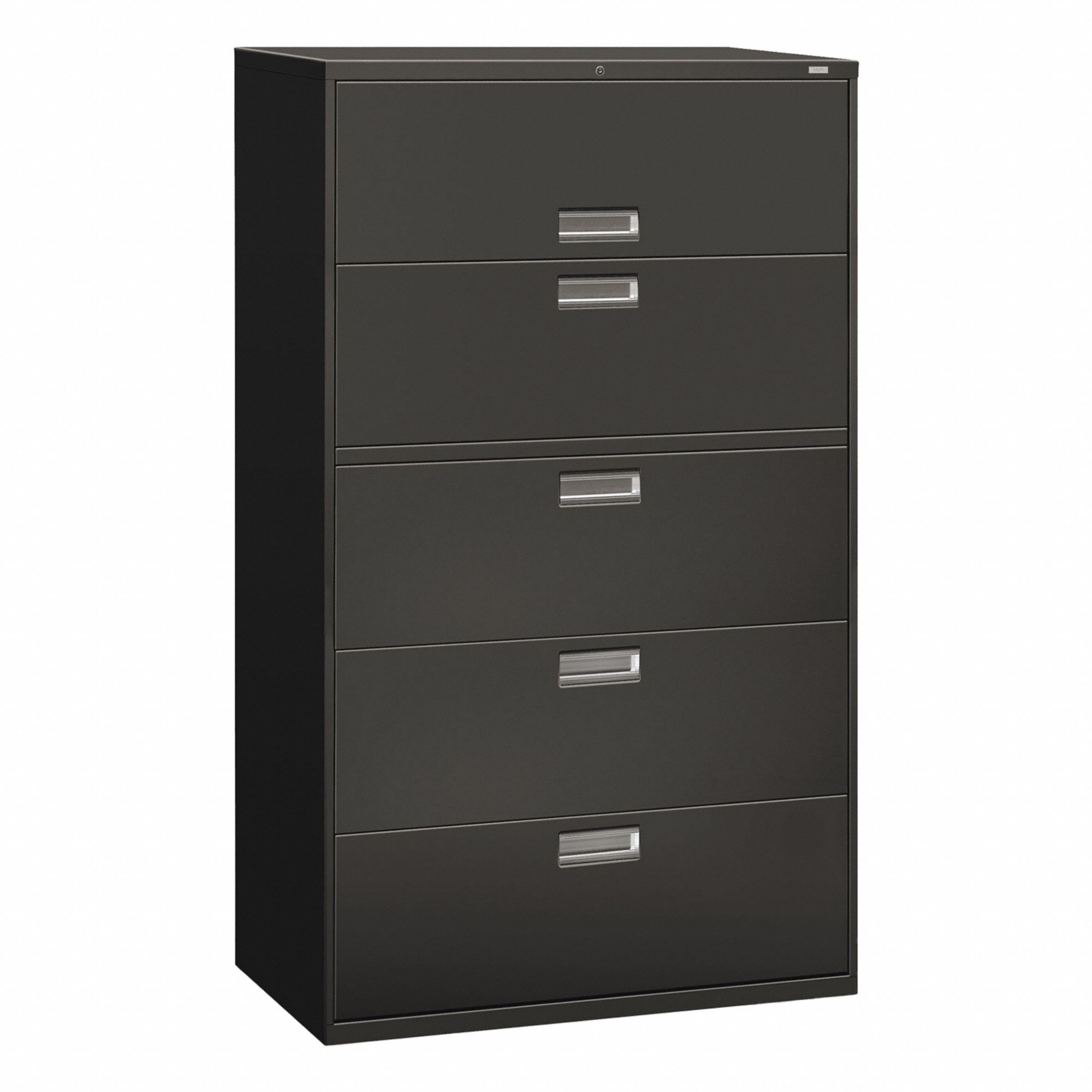 Lateral File Cabinet with Drawer: Charcoal, 5 Drawers, 64 1/4 in Overall Ht, 18 in Overall Dp