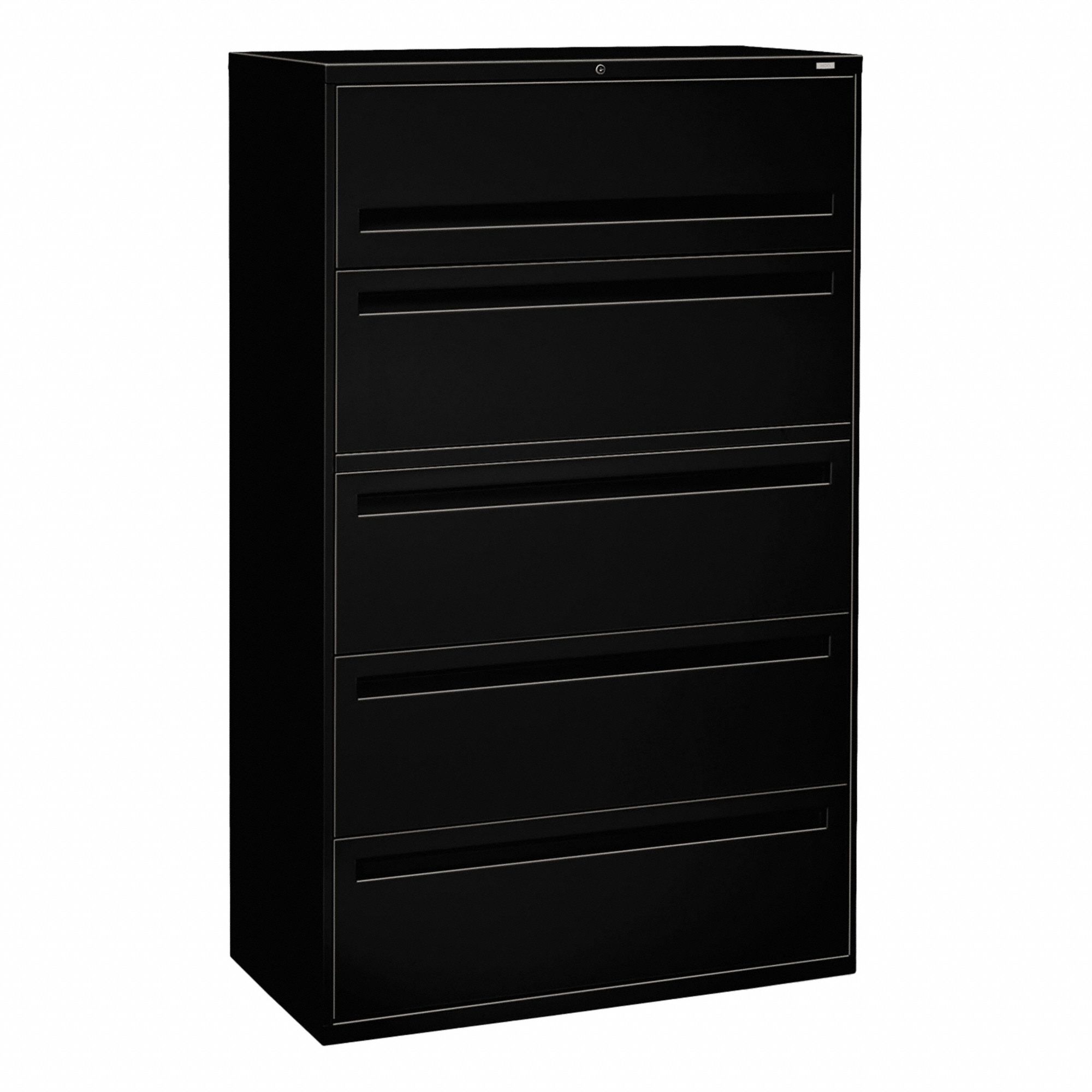 Lateral File Cabinet with Drawer: Black, 5 Drawers, 64 1/4 in Overall Ht, 18 in Overall Dp