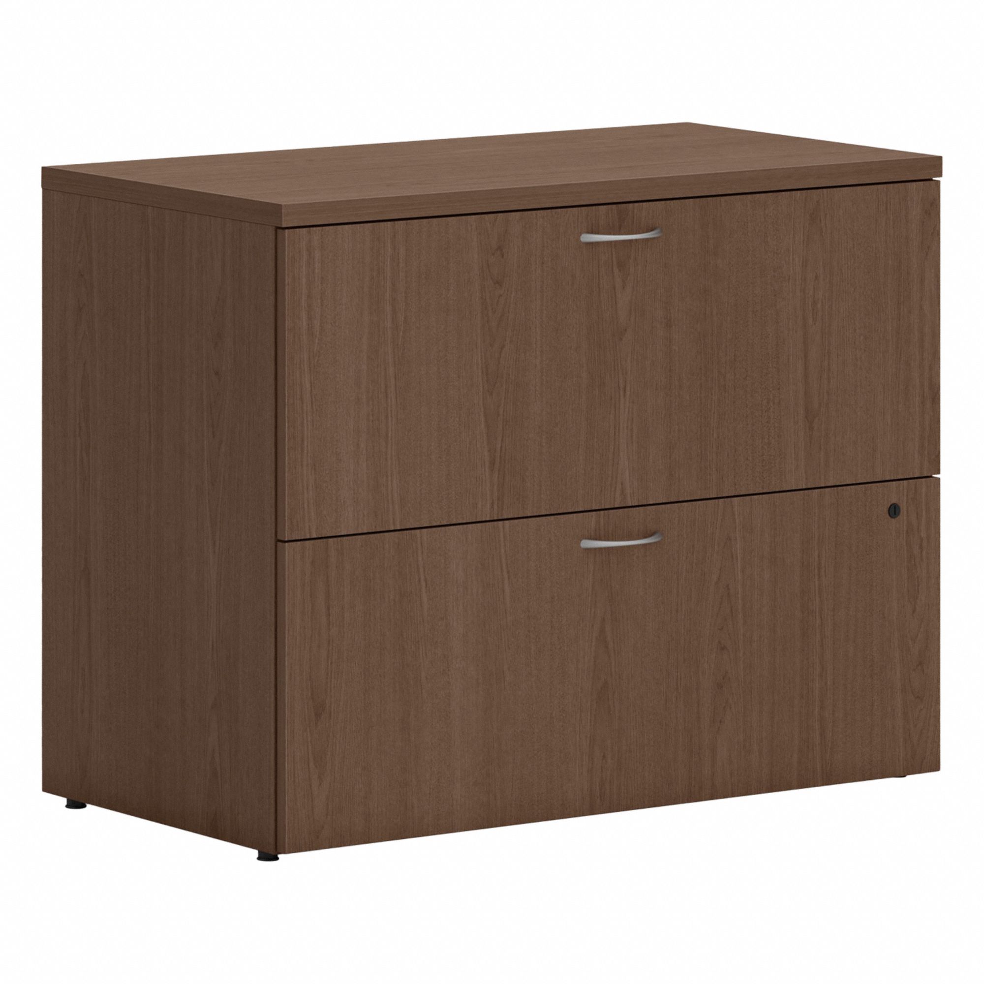 Lateral File Cabinet with Drawer: Walnut, 2 Drawers, 29 in Overall Ht, 20 in Overall Dp, Steel