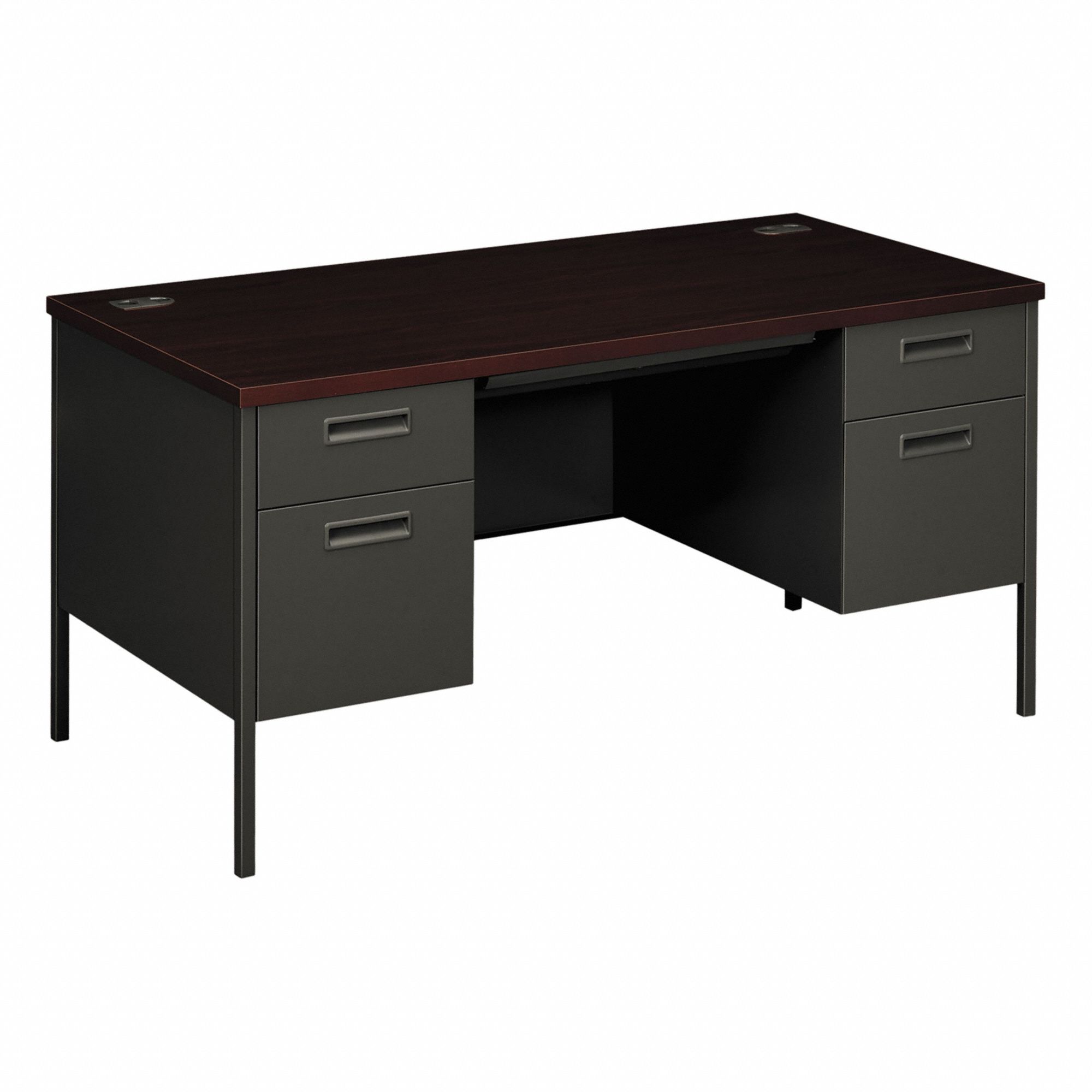Desk: Laminate, Charcoal/Mahogany, 2 Pedestals, 5 Drawers, 60 in Overall Wd, 30 in Overall Dp