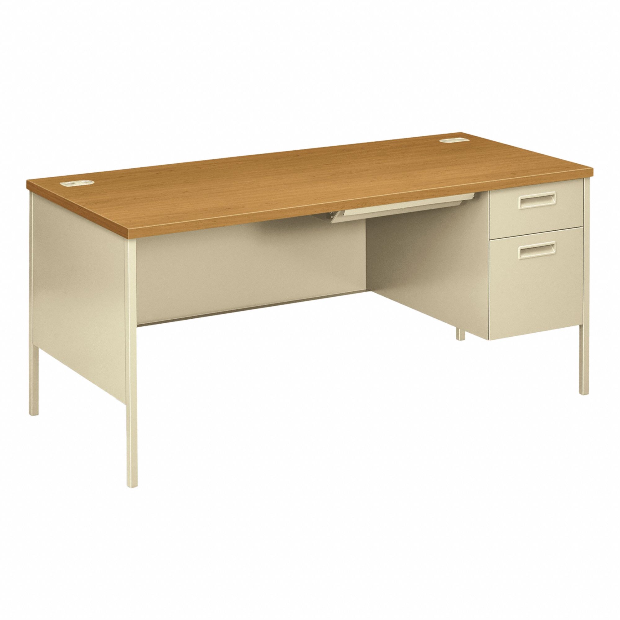 Single Pedestal Desk: Laminate, Harvest/Putty, 1 Pedestals, 3 Drawers, 66 in Overall Wd