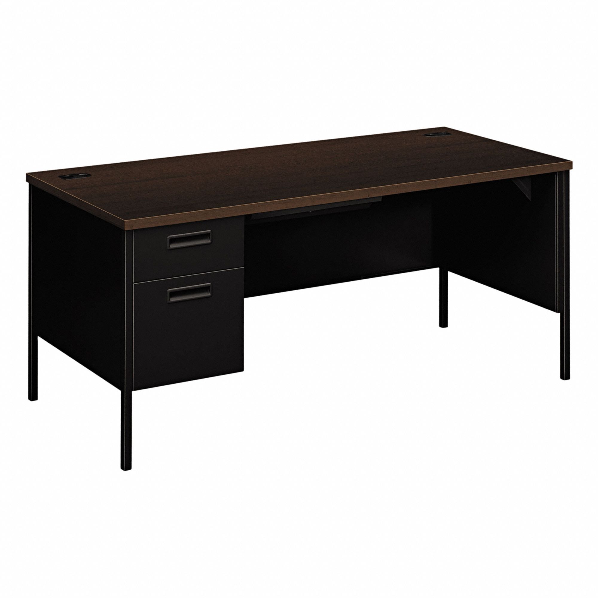 Single Pedestal Desk: Laminate, Black Matrix/Mocha, 1 Pedestals, 3 Drawers, 66 in Overall Wd