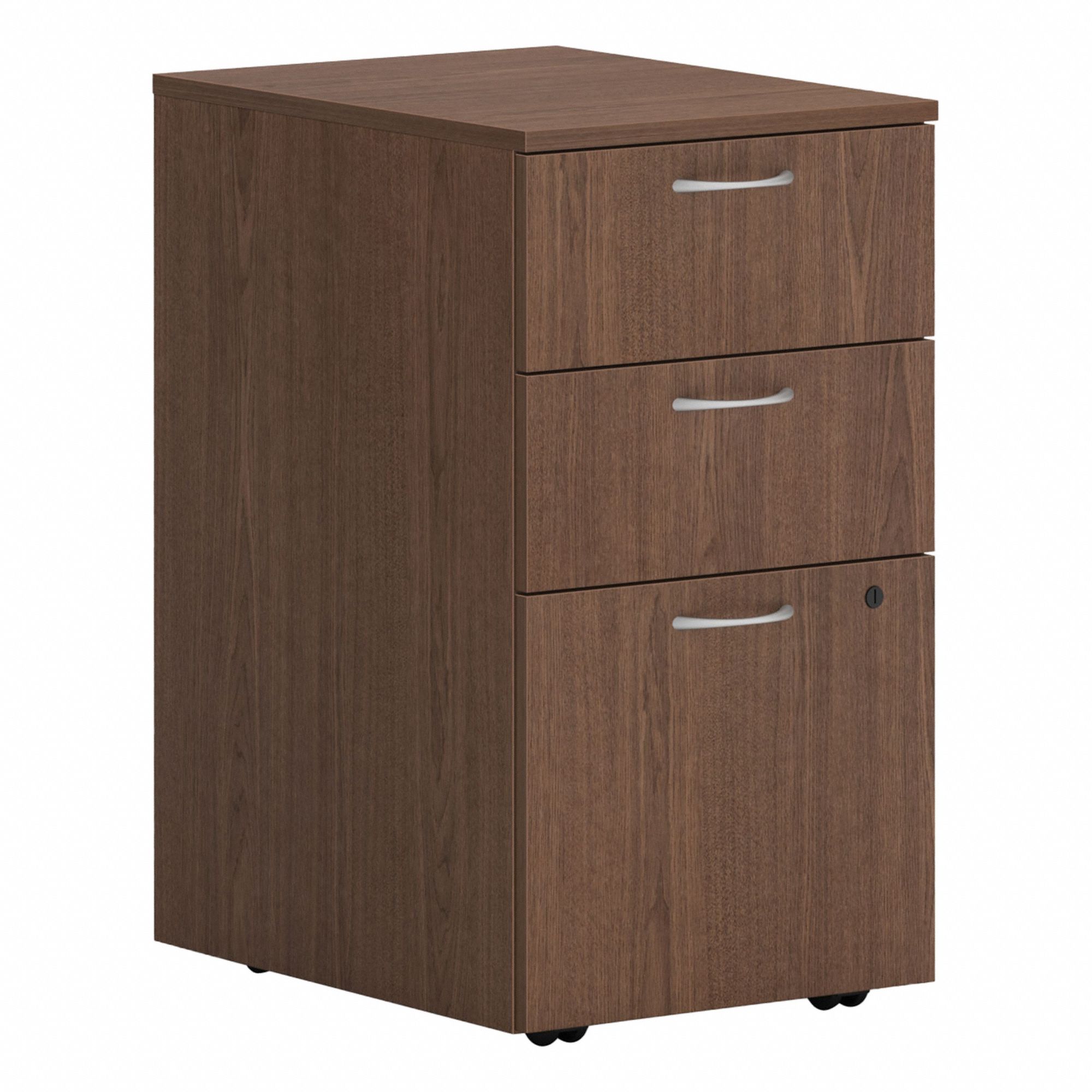 Desk Pedestal: Walnut, 3 Drawers, 15 in Overall Wd, 28 in Overall Ht, 20 in Overall Dp