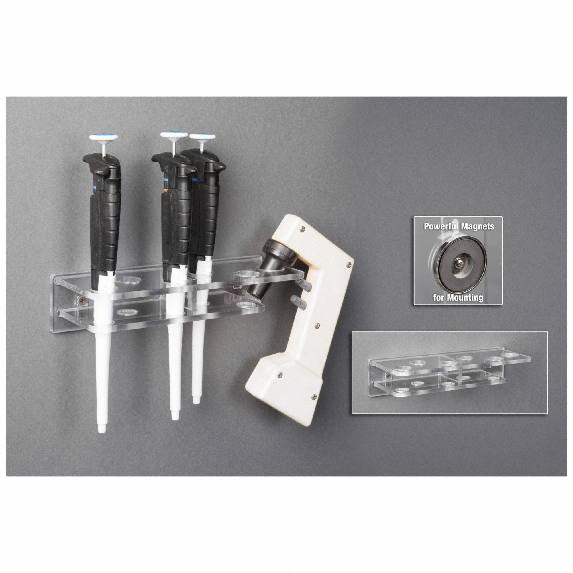 Pipette and Pipette Aid Rack: 9 3/4 in Overall Wd, 2 1/4 in Overall Ht, 3 5/8 in Overall Lg, PETG