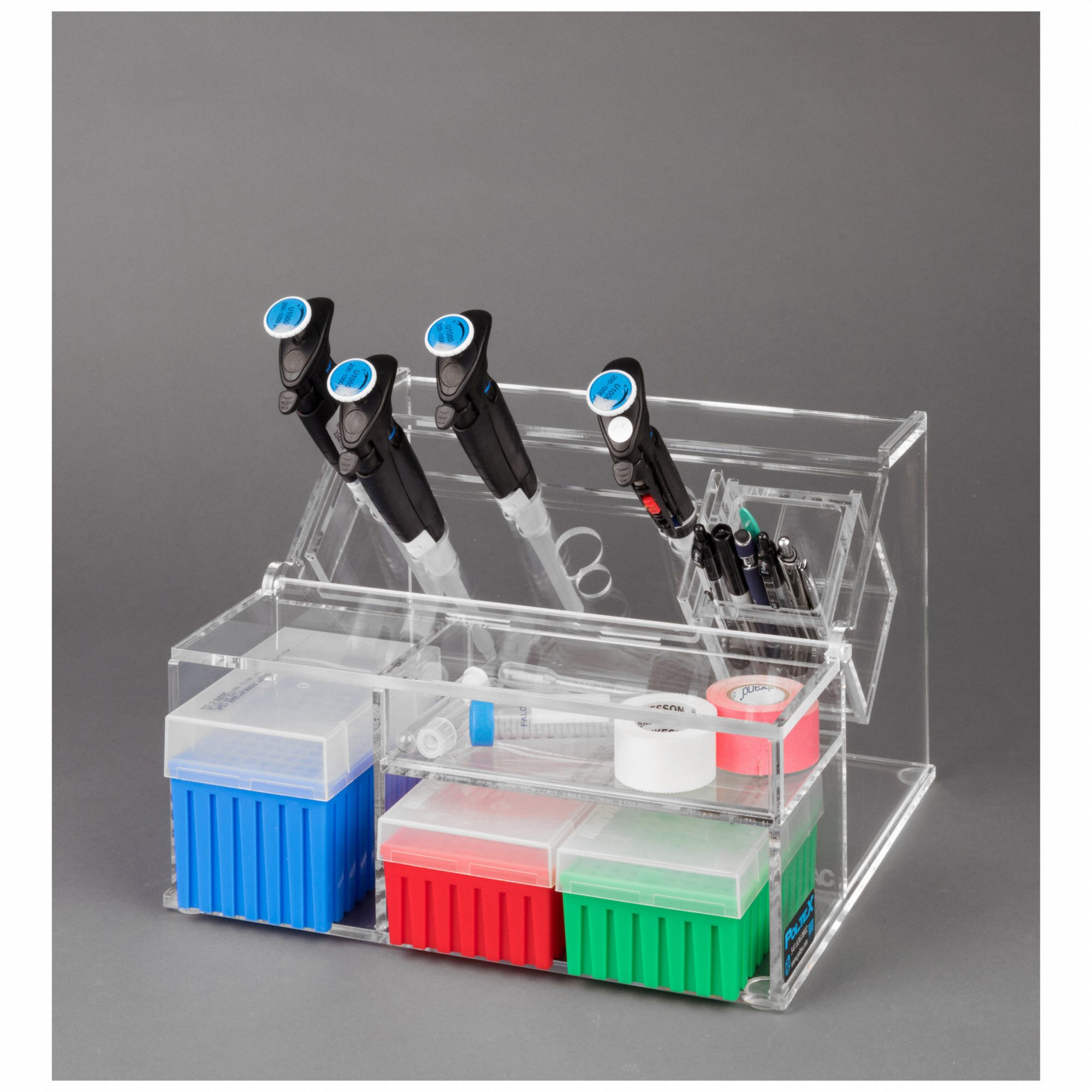Pipette Stand: 12 3/4 in Overall Wd, 8 1/8 in Overall Ht, 12 1/2 in Overall Lg, Acrylic, Clear
