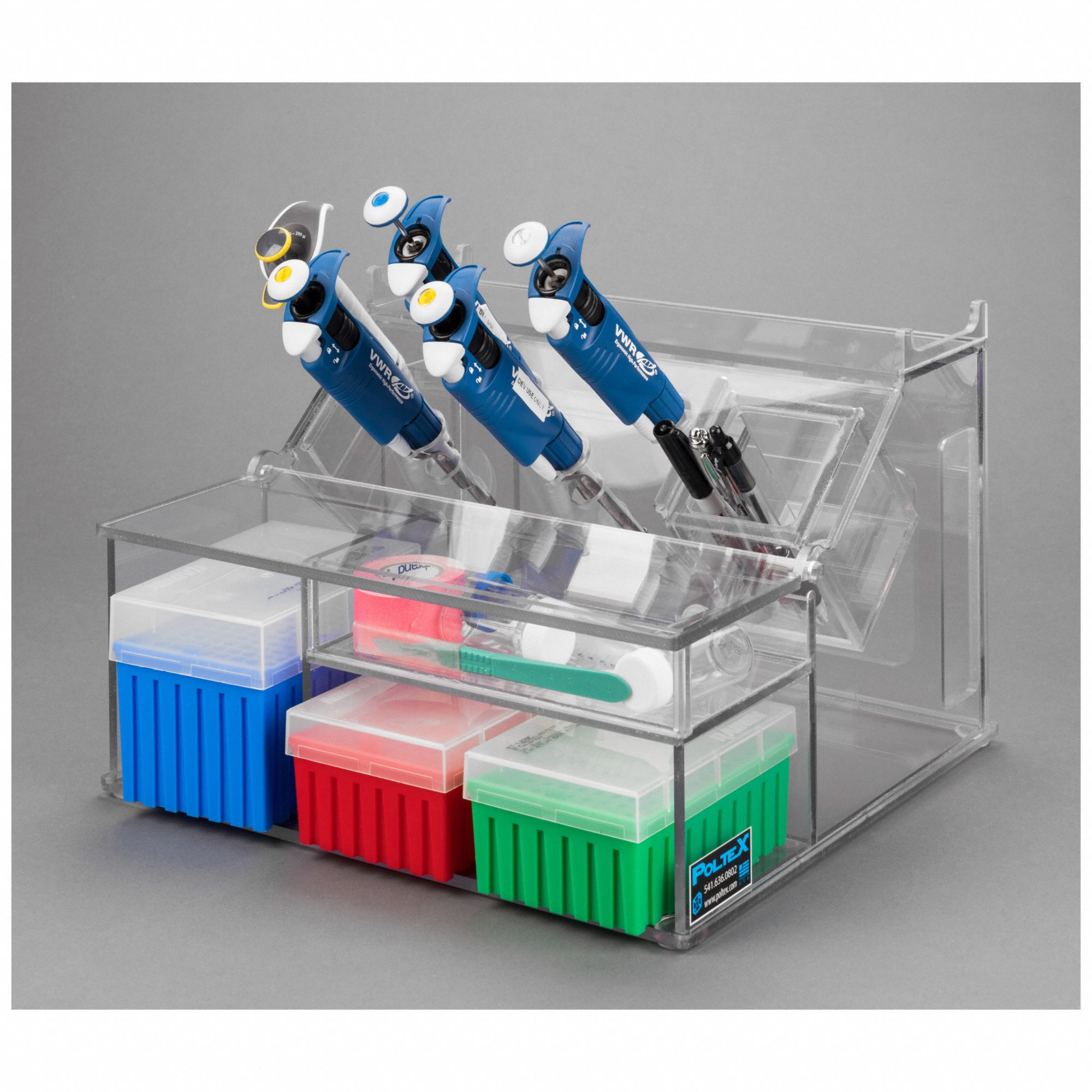 Pipette Holder: 13 in Overall Wd, 9 in Overall Ht, 12 7/8 in Overall Lg, PETG, Clear
