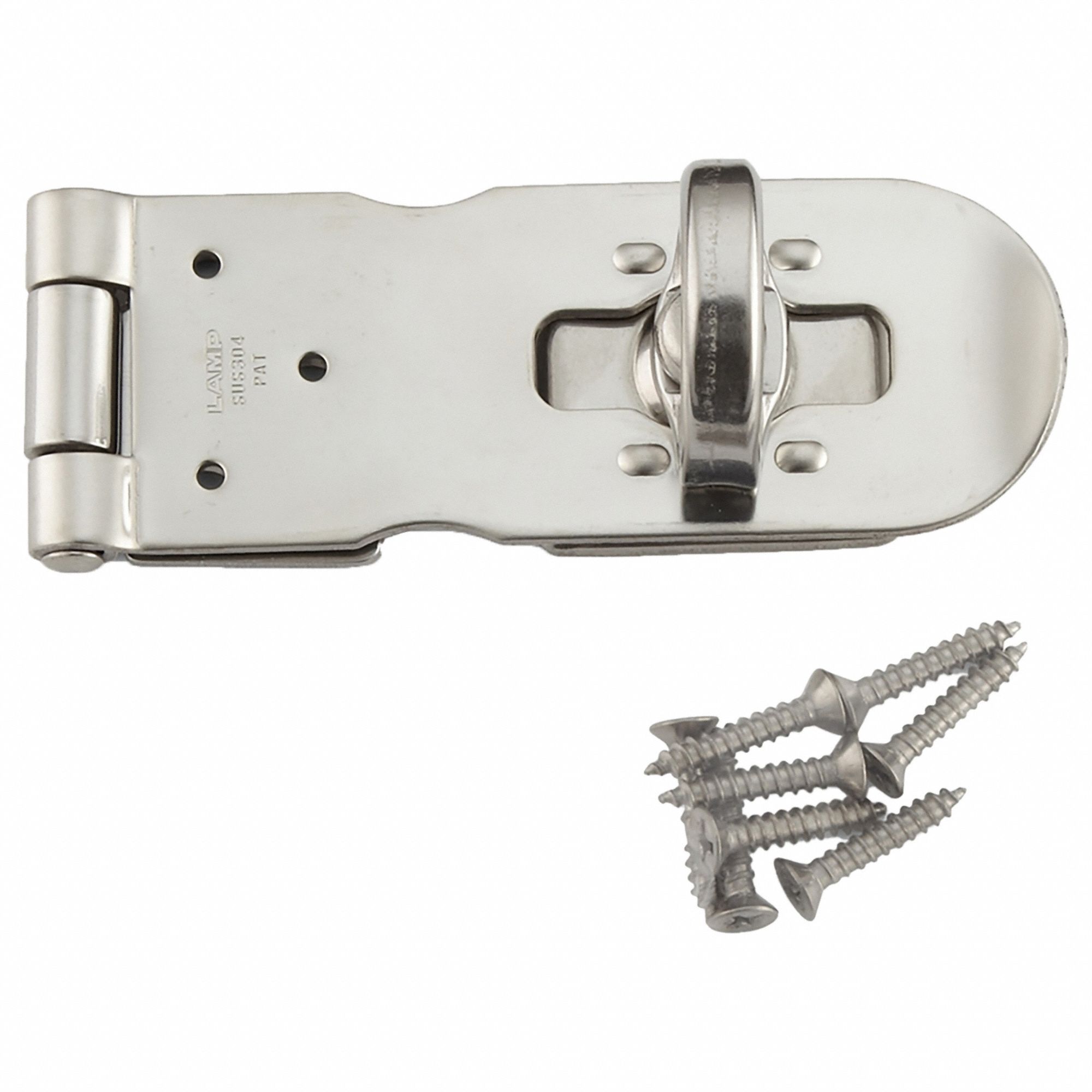 Hasp: Stainless Steel, 1 3/8 in Ht, 1 1/4 in Lg, 3 15/16 in Wd