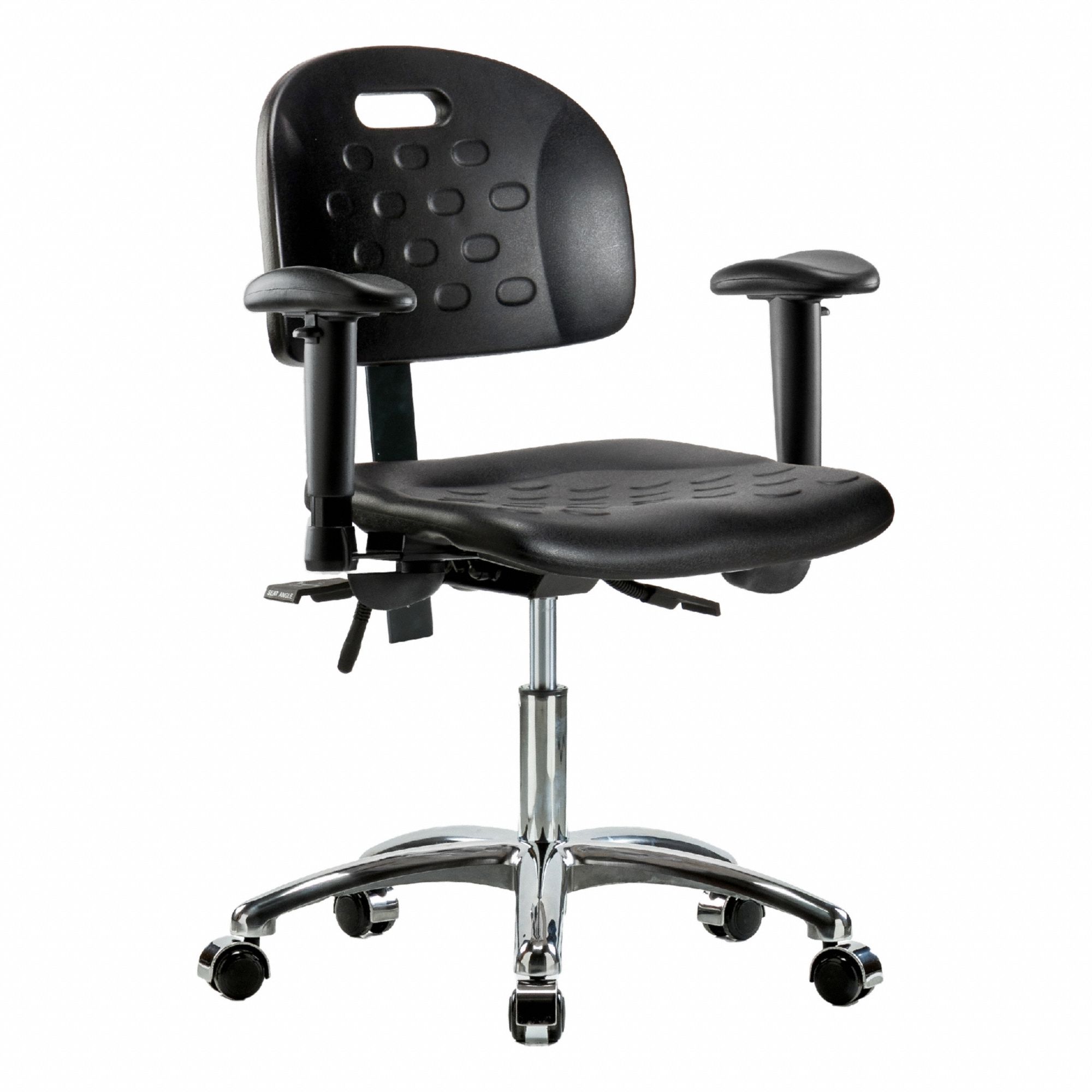 Ergonomic Chair: Polyurethane, Arms Included, Ht Range 17 3/4 in to 23 in, 18 in Seat Wd, Adj, Black