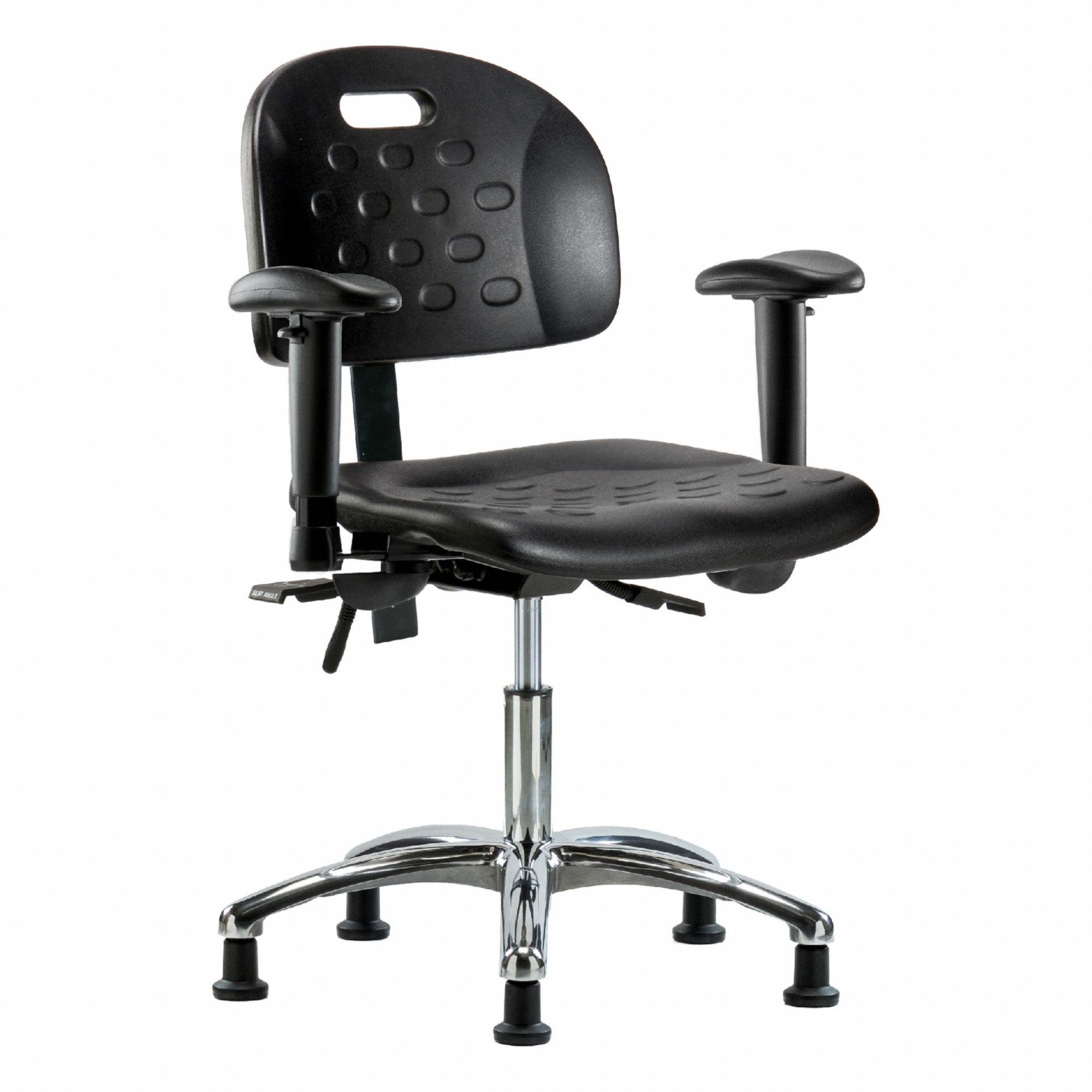 Ergonomic Chair: Polyurethane, Arms Included, Ht Range 17 3/4 in to 23 in, 18 in Seat Wd, Adj, Black