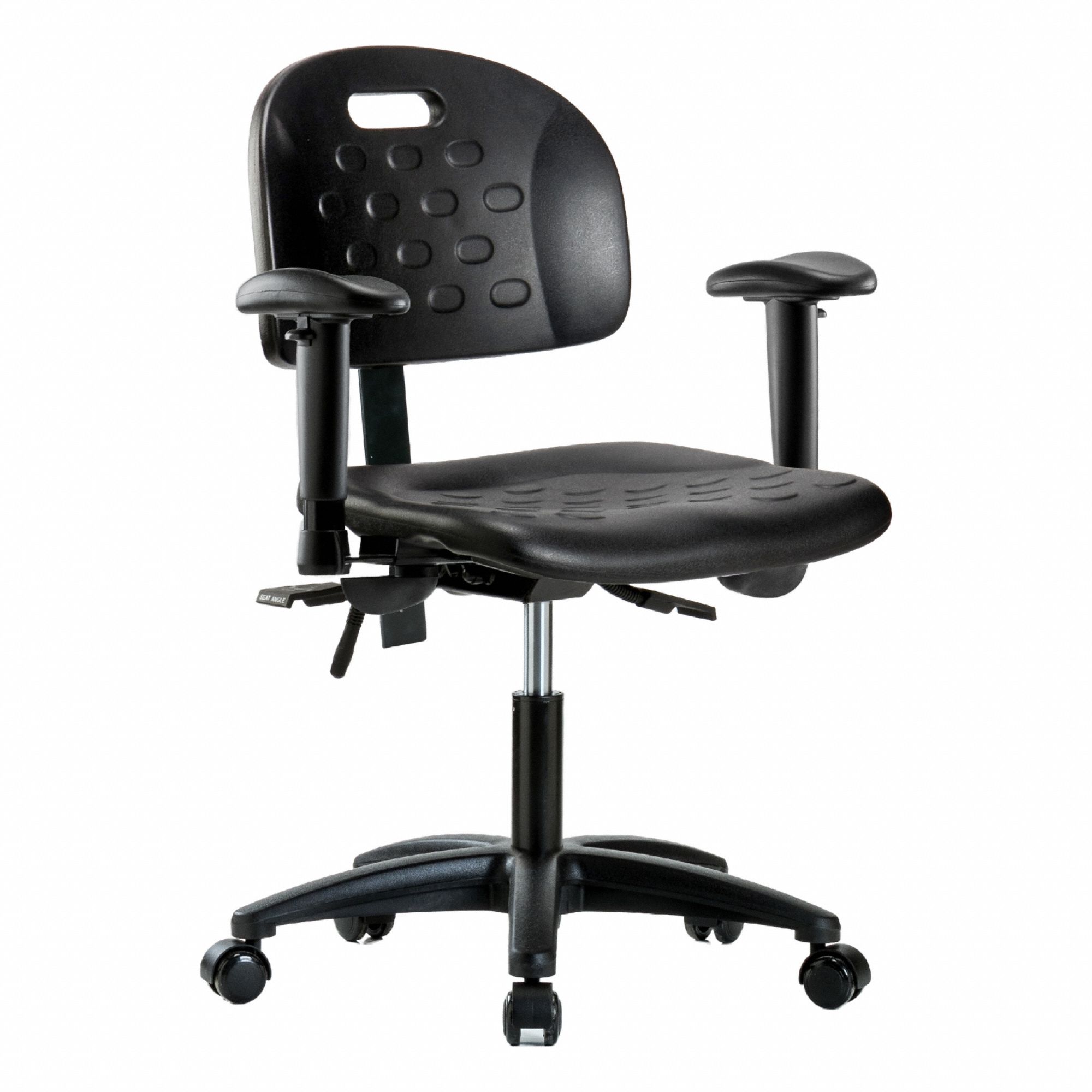 Ergonomic Chair: Polyurethane, Arms Included, Ht Range 17 1/4 in to 22 1/2 in, 18 in Seat Wd, Adj