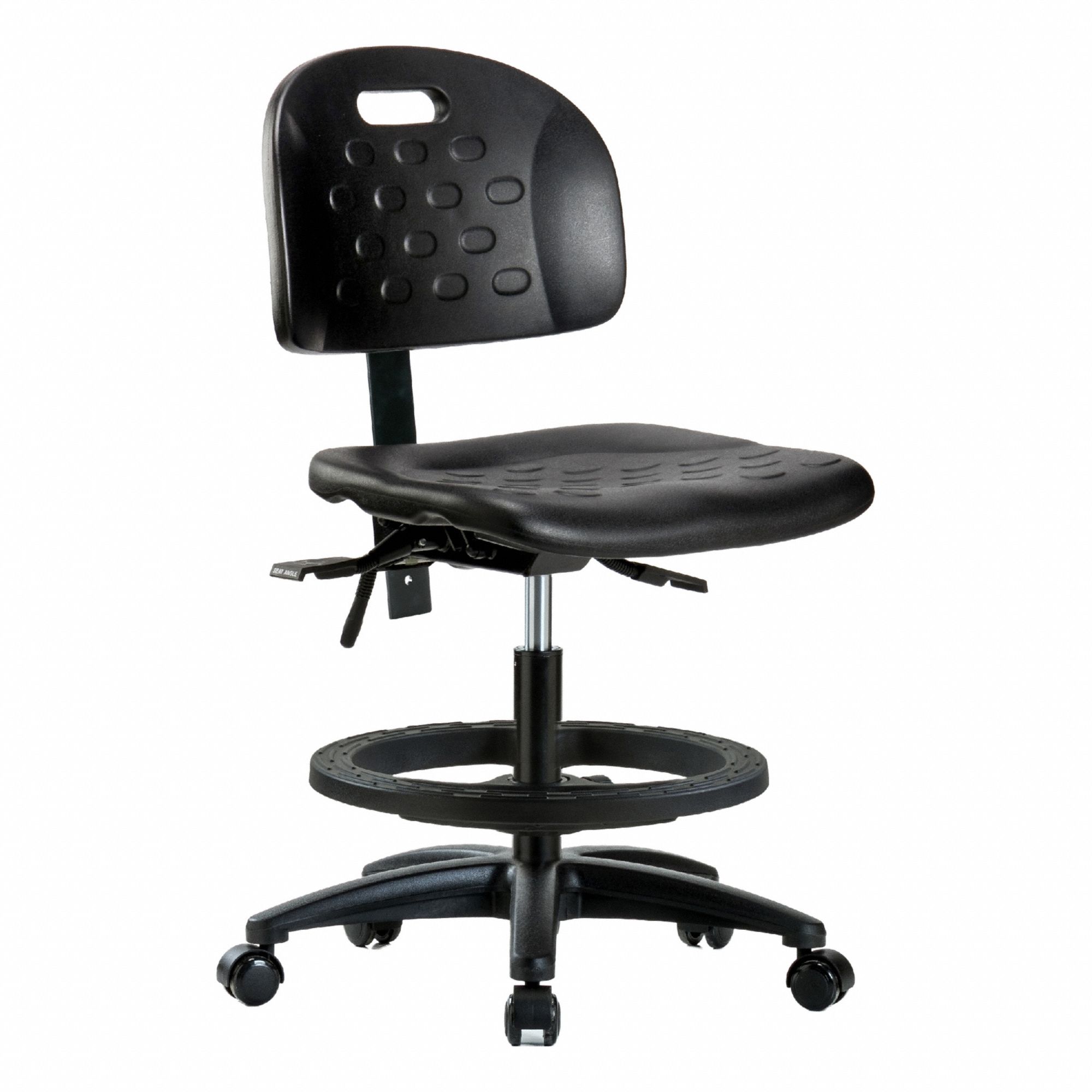 Ergonomic Chair: Polyurethane, Armless, Ht Range 19 3/4 in to 27 1/2 in, 18 in Seat Wd, 5 Casters