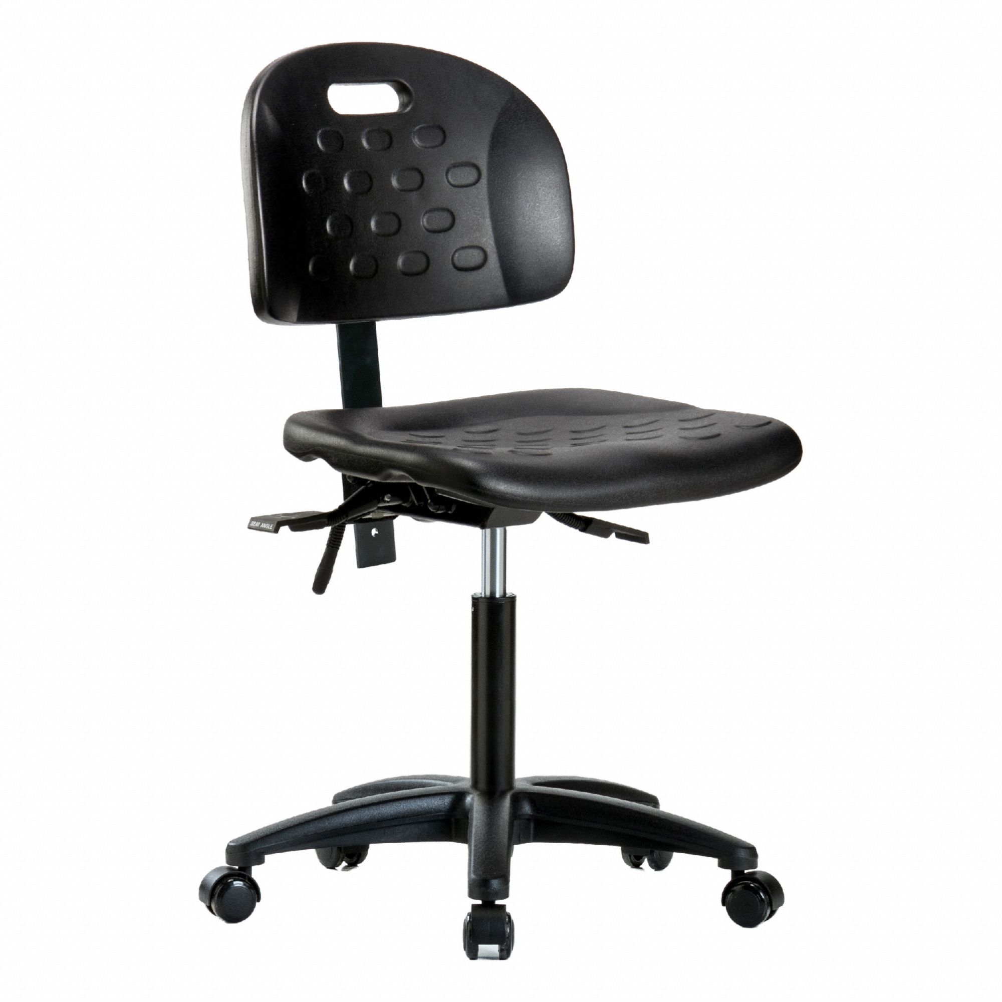 Ergonomic Chair: Polyurethane, Armless, Ht Range 19 3/4 in to 27 1/2 in, 18 in Seat Wd, 5 Casters