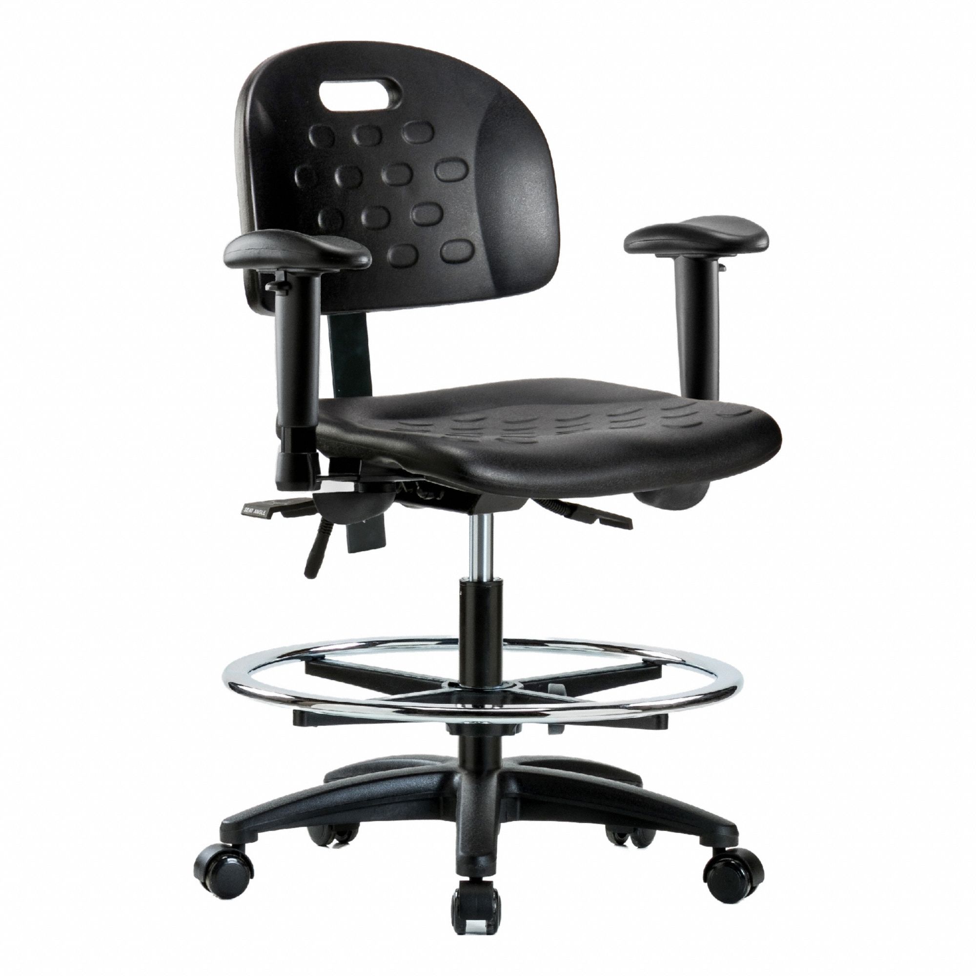 Ergonomic Chair: Polyurethane, Arms Included, Ht Range 19 3/4 in to 27 1/2 in, 18 in Seat Wd, Adj