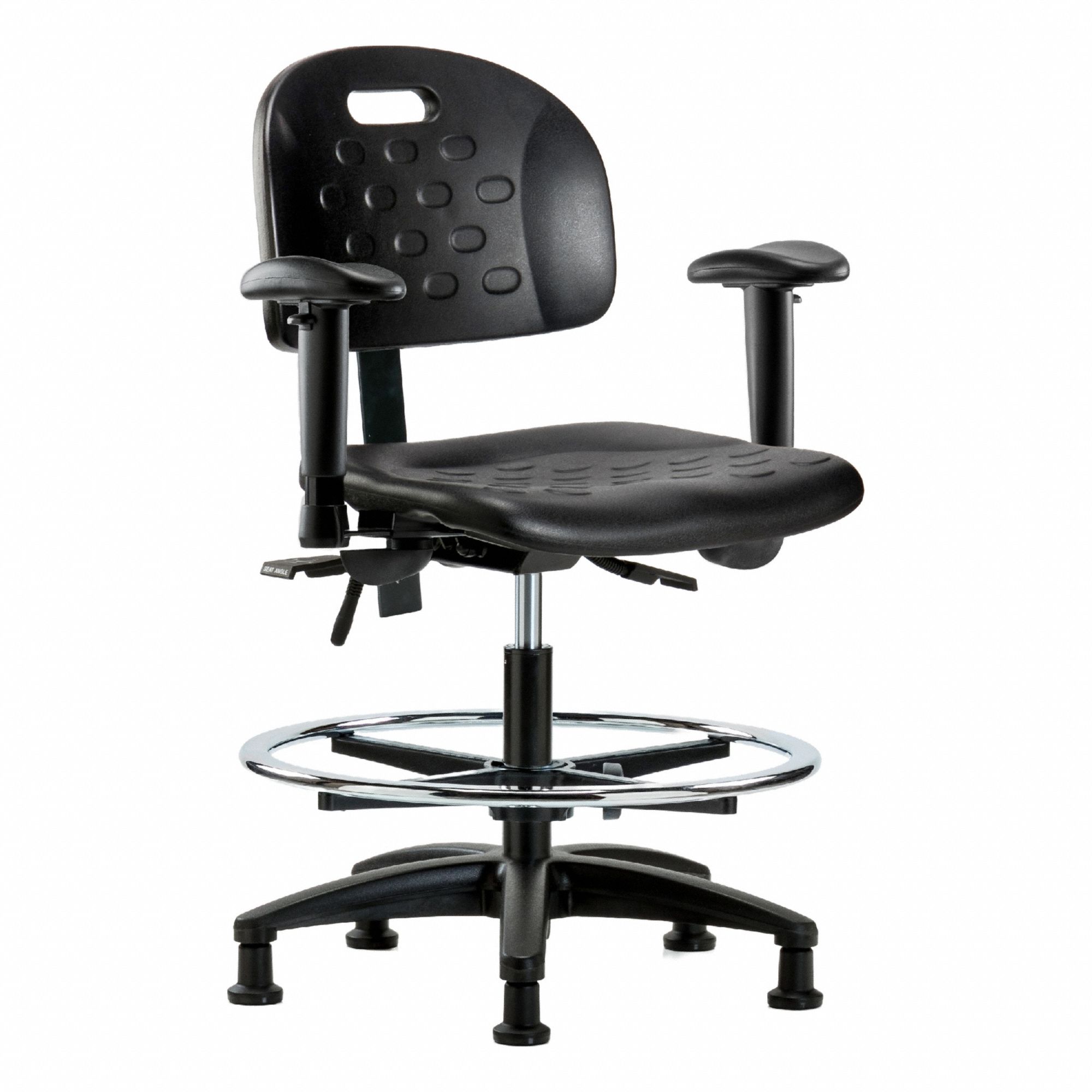 Ergonomic Chair: Polyurethane, Arms Included, Ht Range 19 3/4 in to 27 1/2 in, 18 in Seat Wd, Adj