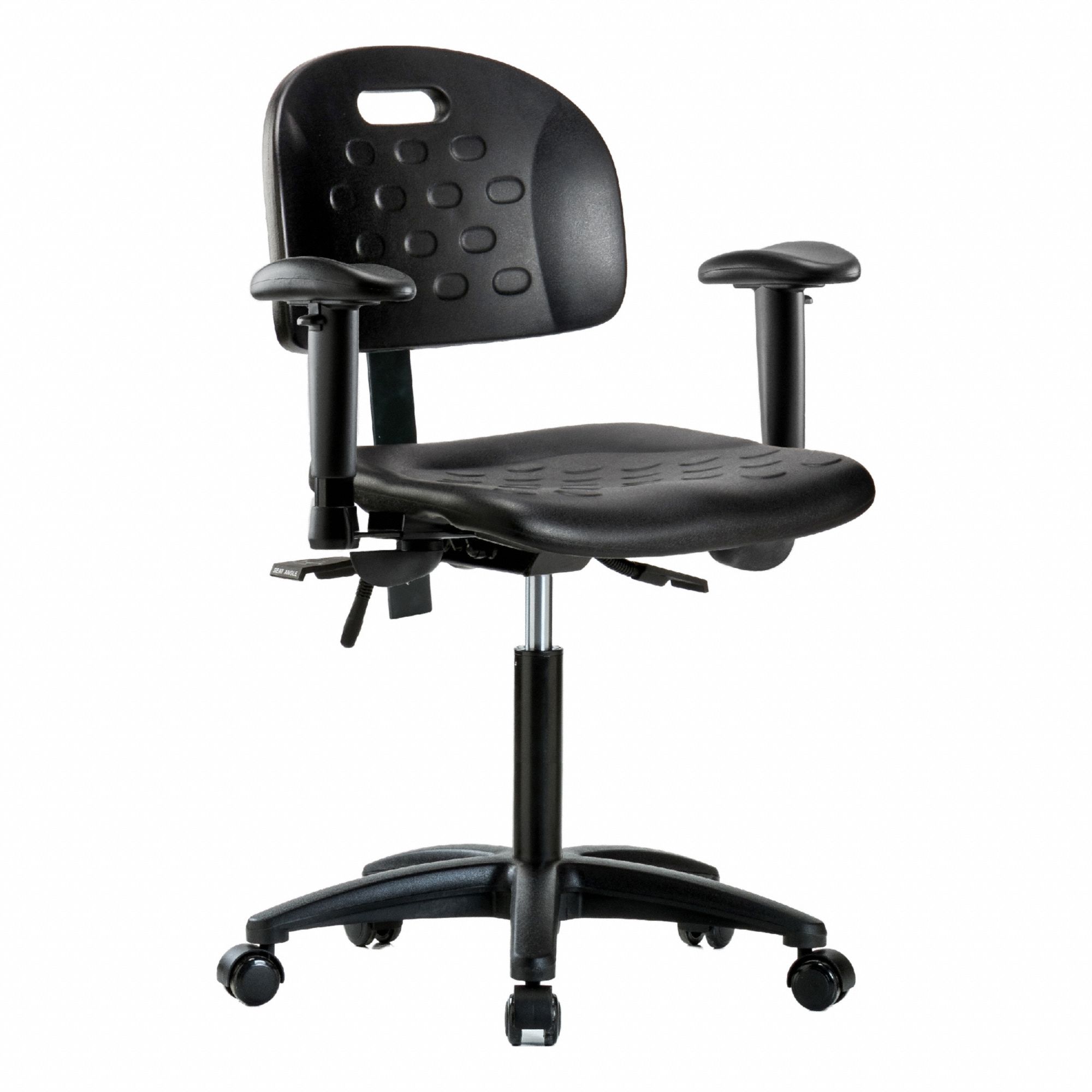 Ergonomic Chair: Polyurethane, Arms Included, Ht Range 19 3/4 in to 27 1/2 in, 18 in Seat Wd, Adj