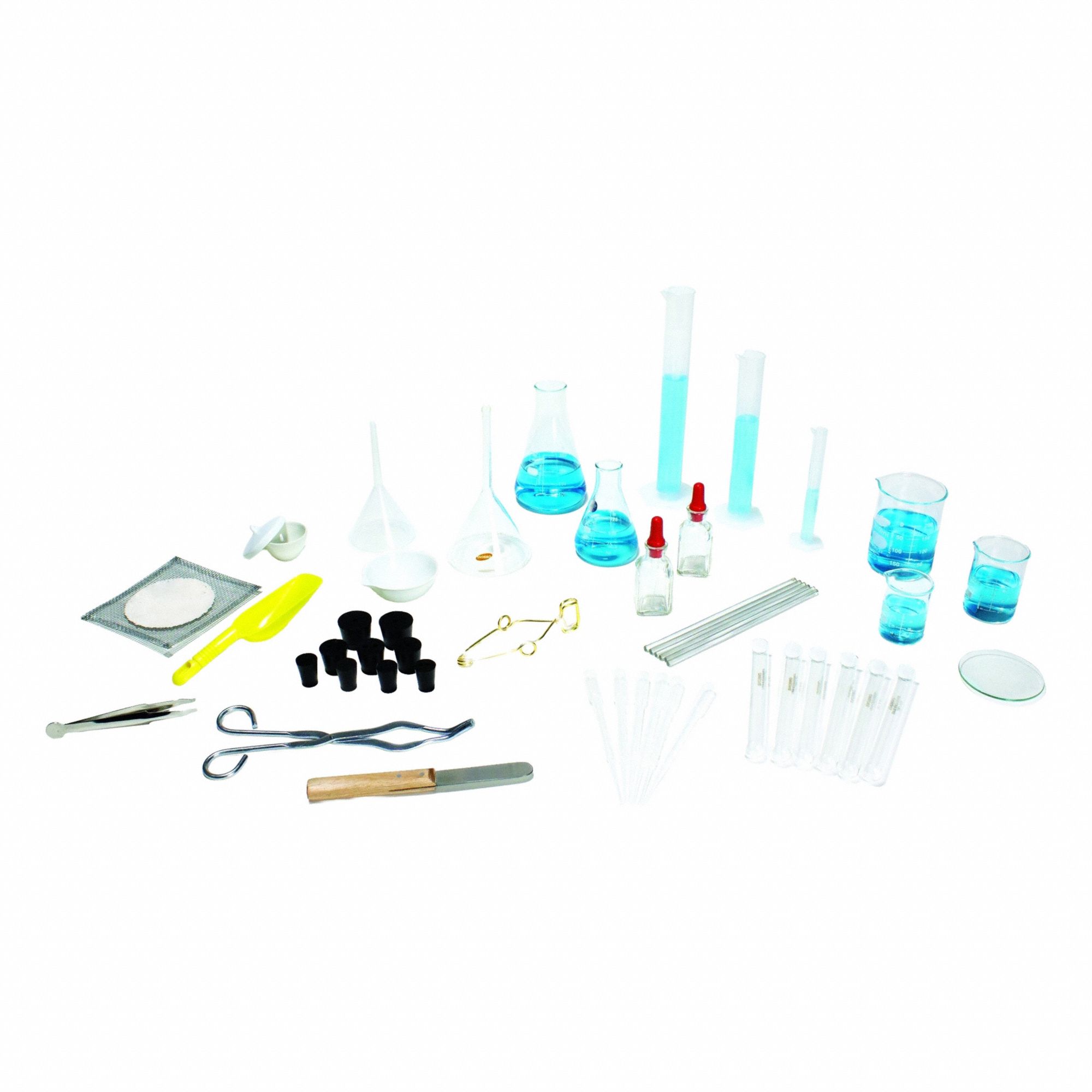 Lab Starter Kit Steel (Crucible Tongs), Plastic (Dropping Pipettes), Glass (Beaker), Glass (Erlenmeyer Flask), Stainless (Forceps), Plastic (Cylinder), Plastic (Funnel), Glass (Test Tubes), Rubber (Stoppers), Glass (Stirring Rods)
