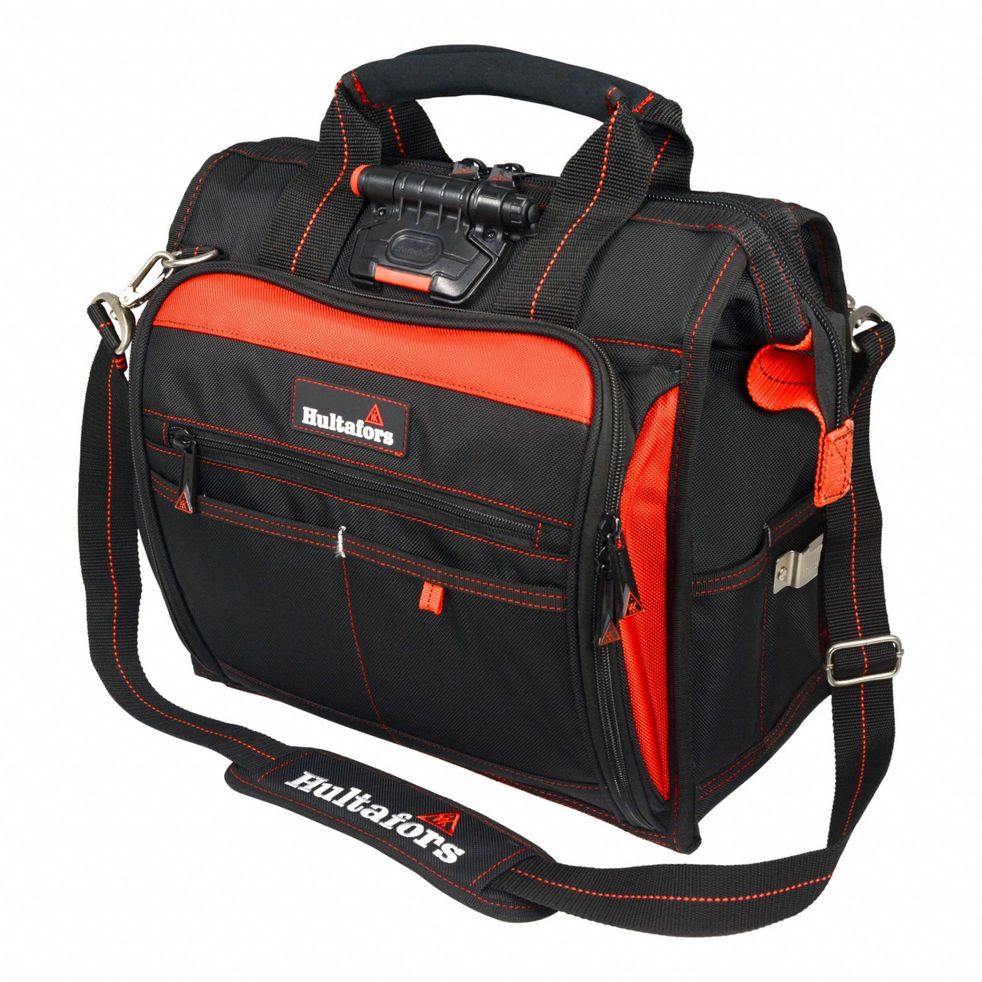 Tool Bag: 16 in W x 8 in D x 14 in H, Black/Red, Ballistic Polyester, 55 Pockets