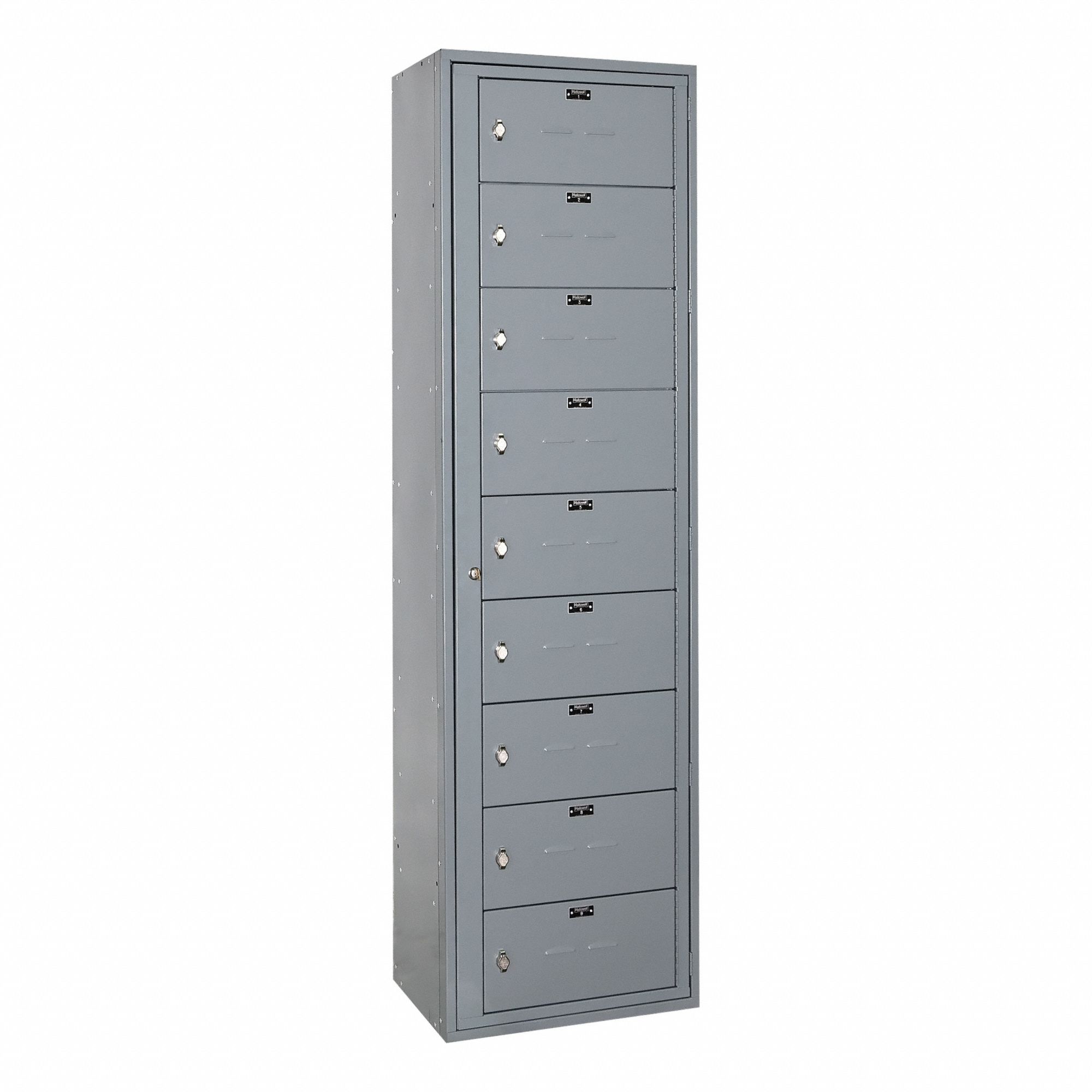 HALLOWELL Locker: 24 in x 15 in x 84 in, 9 Tiers, 1 Units Wide, Dark Gray, # Plate Included, Gray (MPN HUE454-9P-HG). Key specifications — Brand: HALLOWELL; Locker Color: Dark Gray; Assembled: Assembled; Number Plate Included: Yes.