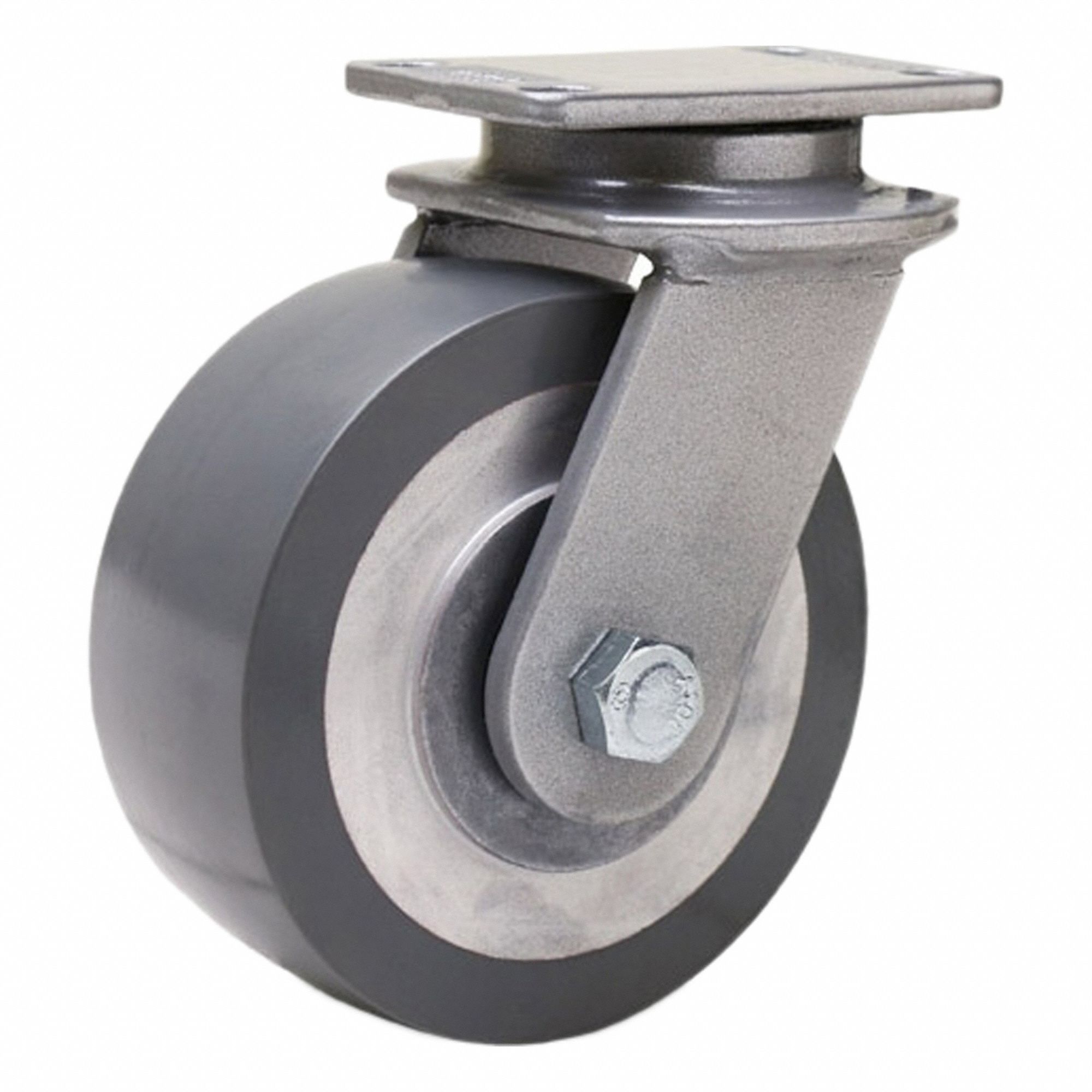 Plate Caster: Swivel, Polyurethane, 5 in Wheel Dia, 2 in Wheel Wd, 6 3/16 in Mounting Ht