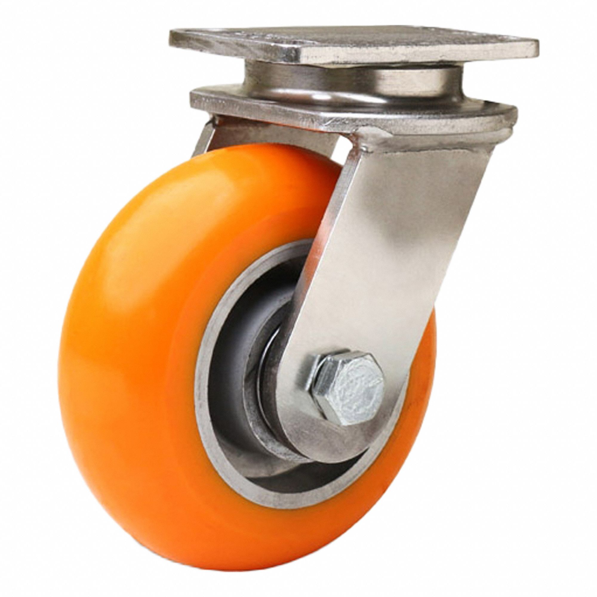 Plate Caster: Swivel, Polyurethane, 5 in Wheel Dia, 2 in Wheel Wd, 6 3/16 in Mounting Ht