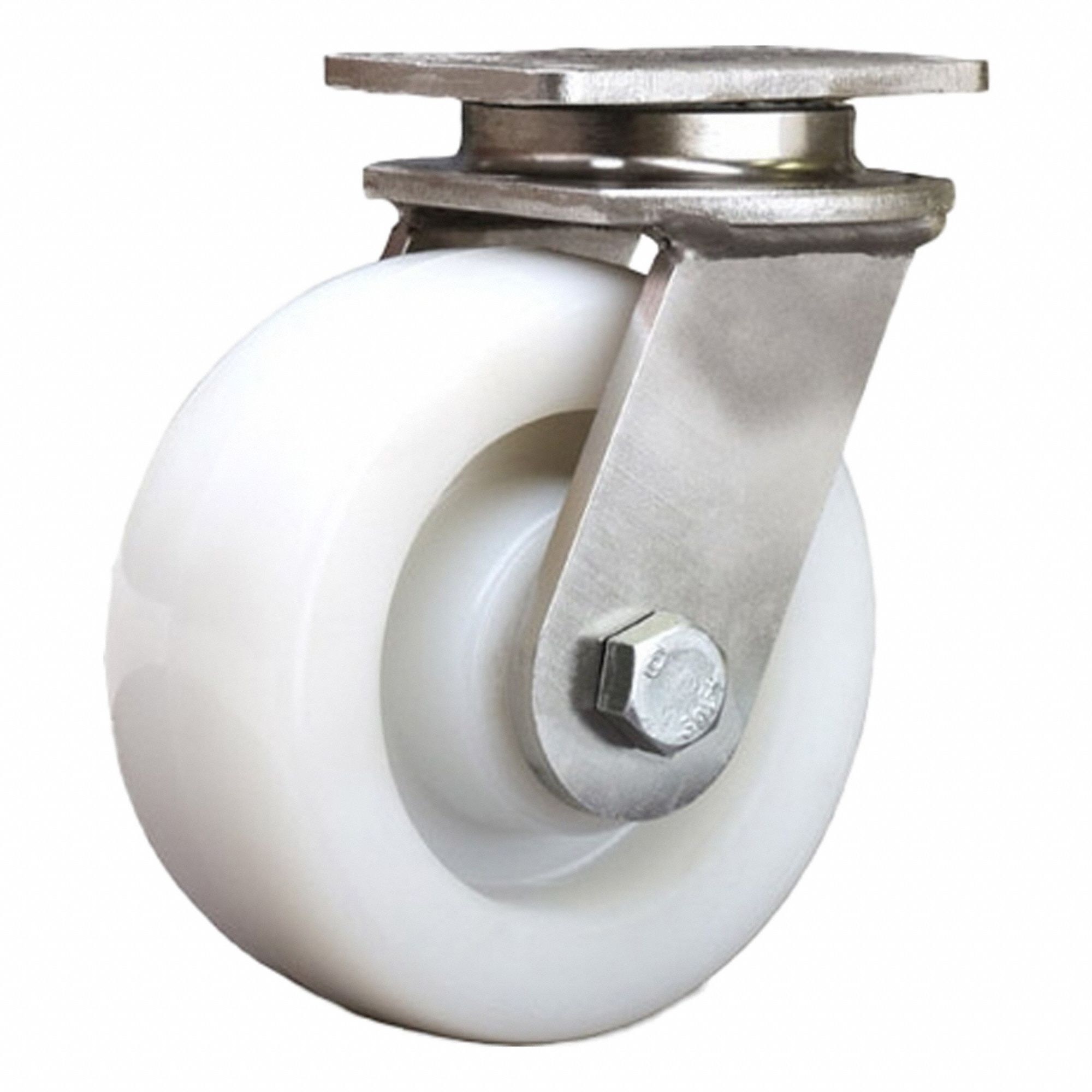 Plate Caster: Swivel, Nylon, 5 in Wheel Dia, 2 in Wheel Wd, 6 3/16 in Mounting Ht, Ball
