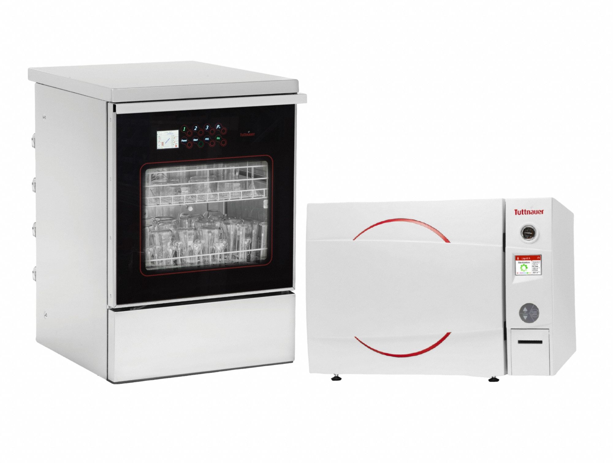 HEIDOLPH Autoclave: 65 L Capacity, 140°C Max Temp, 28 1/4 in Overall Wd, 30 1/8 in Overall Dp (MPN 023250041). Key specifications — Brand: HEIDOLPH; Features: 3850ELP Autoclave and 165UC Glassware Washer Bundle; Temperature Accuracy: -1 °C/3 °C; Product Type: Autoclave; Voltage: 220-240V.