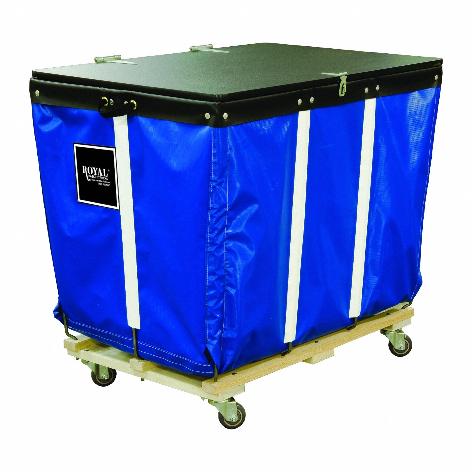 PVC Hinged Top Basket Truck: Vinyl Liner, Blue, (4) Swivel, Corner, Std Truck