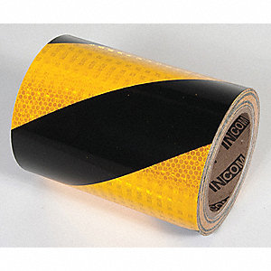 TAPE, REFLECTIVE, TEMP RANGE 32 TO 150 ° F, STRIPED PATTERN, BLACK AND YELLOW, 30 FT L, 6 IN WIDTH