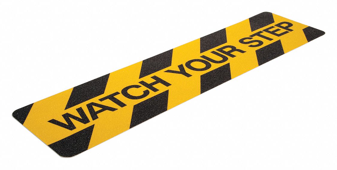 ANTI-SLIP TAPE, WATCH YOUR STEP, BLK/YLW, 2 FT L, 6 IN W, 32 MILS THICK, ACRYLIC/ALUMINUM OXIDE