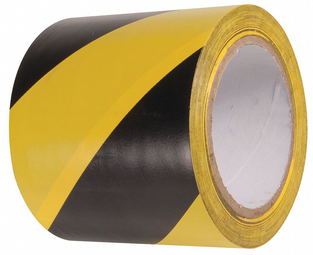 Floor Marking Tape: Gen Purpose, Striped, Black/Yellow, 4 in x 54 ft, 5.5 mil Tape Thick, INCOM