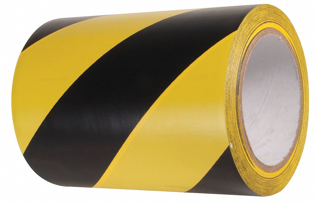 Floor Marking Tape: Gen Purpose, Striped, Black/Yellow, 6 in x 54 ft, 5.5 mil Tape Thick, INCOM