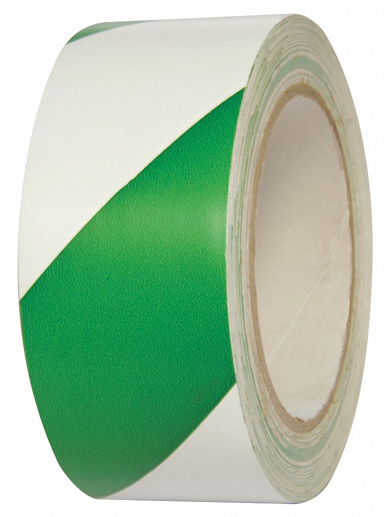 Floor Marking Tape: Gen Purpose, Striped, Green/White, 2 in x 54 ft, 5.5 mil Tape Thick, INCOM