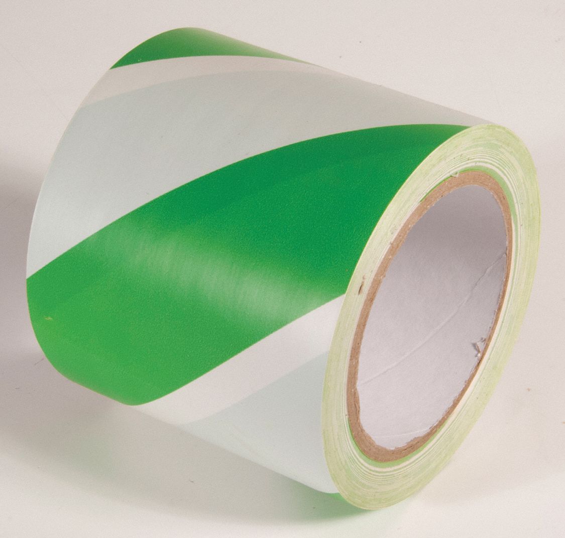 TAPE, FLOOR MARKING, TEMP RANGE 32 TO 150 ° F, STRIPED PATTERN, GREEN AND WHITE, 108 FT L, 3 IN WIDTH