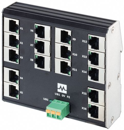 MURRELEKTRONIK Ethernet switch: Unmanaged, DIN Rail, 16 Ports, RJ45, 100 mbps/Ethernet, IP20 (MPN 58904). Key specifications — Port Type: RJ45; Manufacturer Part Number: 58904; Brand: MURRELEKTRONIK; Features: Auto-Negotiation; IP Rating: IP20; Product Type: Ethernet Switch; Mounting Location: DIN Rail; Network Interface: 100 mbps.