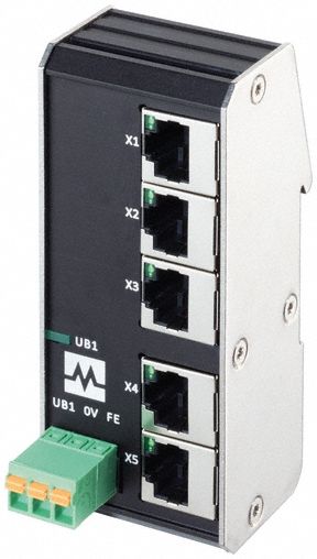 MURRELEKTRONIK Ethernet switch: Unmanaged, DIN Rail, 5 Ports, RJ45, 100 mbps/Ethernet, IP20 (MPN 58900). Key specifications — Port Type: RJ45; Manufacturer Part Number: 58900; Brand: MURRELEKTRONIK; Features: Auto-Negotiation; IP Rating: IP20; Product Type: Ethernet Switch; Mounting Location: DIN Rail; Network Interface: Ethernet.