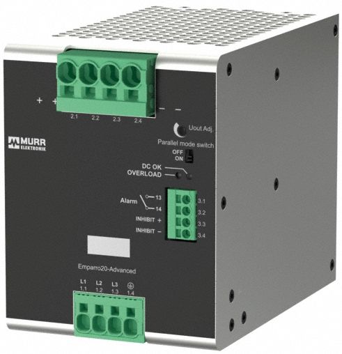 MURRELEKTRONIK DC Power Supply: DIN Rail, 960 W Output Power - Rated, 42.7 A Current - Output (MPN 9000-17332-1621110). Key specifications — attr1044898: Three; attr1044874: Aluminum; attr1044879: 450.5 to 810V DC; attr211400: MURRELEKTRONIK.
