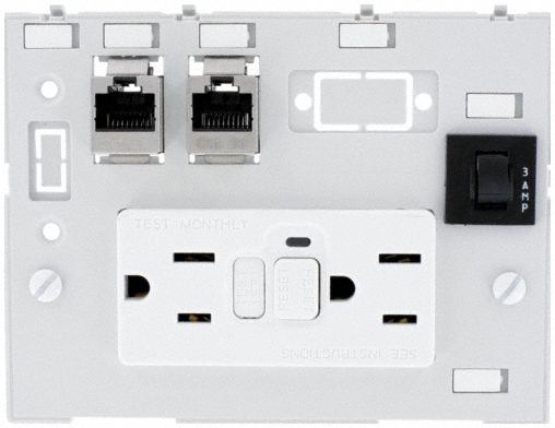 Combination Insert: RJ45 Cat5E, (2) NEMA 5-15 GFCI, (1) 3A Fuse, 116 mm x 88 mm